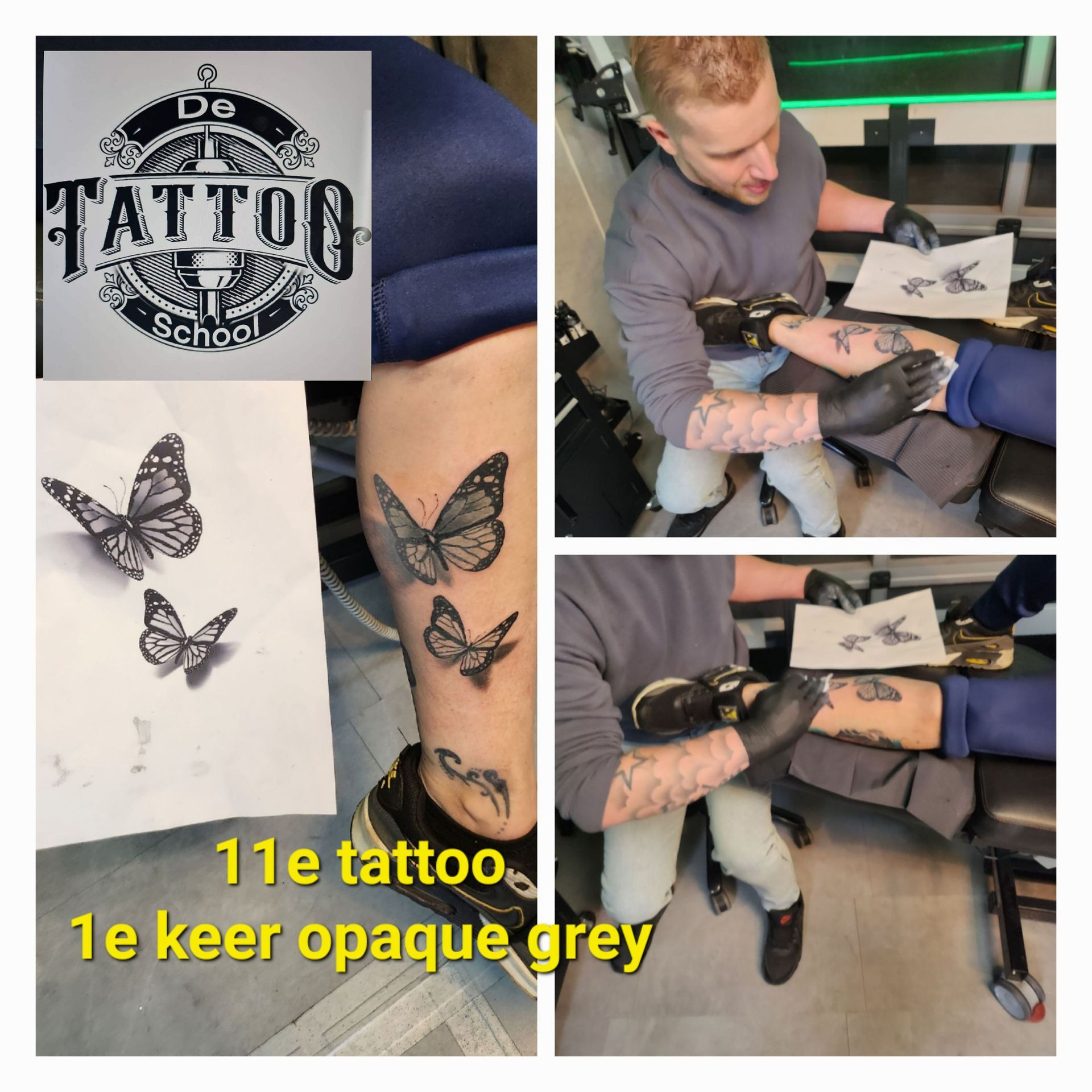 Een tatoeëerder gebruikt dekkende grijze inkt om vlindermotieven op het been van een klant te tatoeëren in een tatoeëerschool.