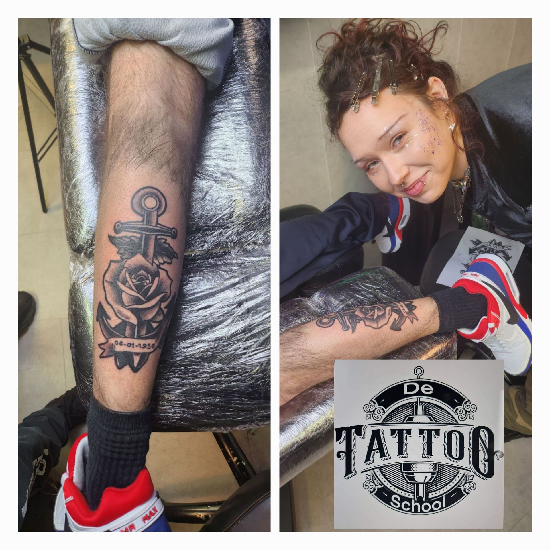 Een gesplitst scherm toont links een been met een tatoeage van een anker en een roos, en rechts een persoon die poseert met dezelfde tatoeage.