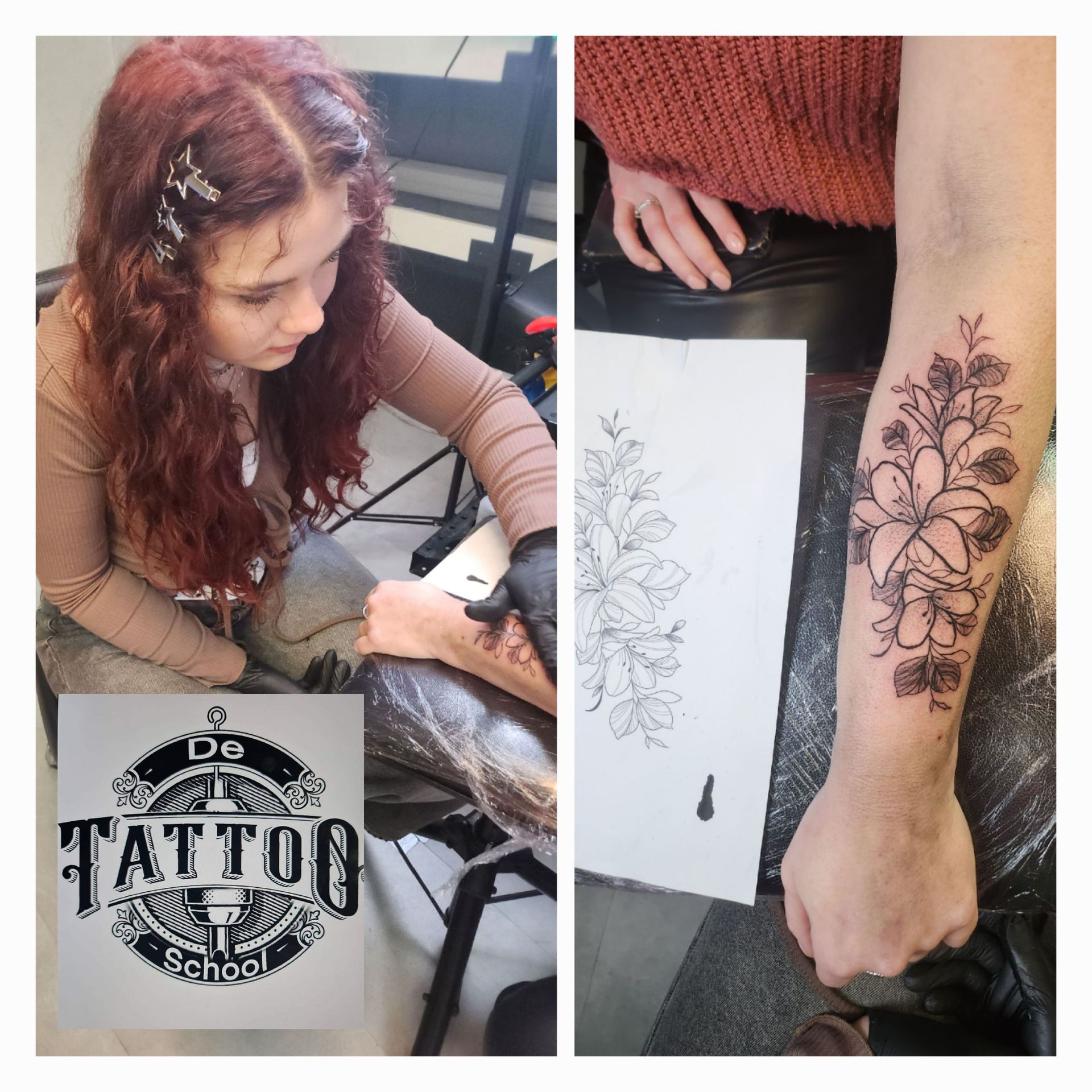 Iemand oefent met het tatoeëren van een bloemmotief op een onderarm, met daaroverheen het logo van 