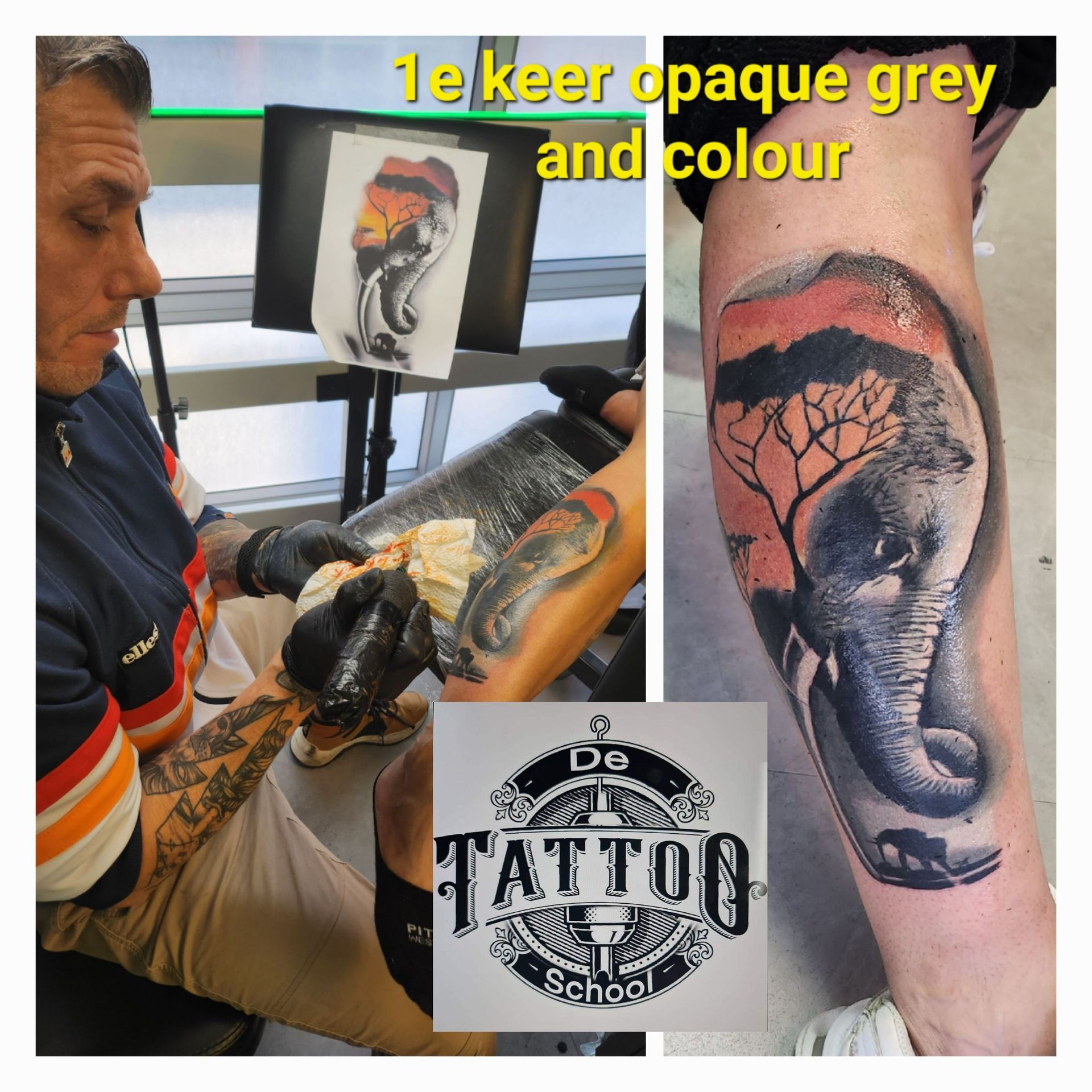 Een tatoeëerder tatoeert een olifant op een been, met het logo van 