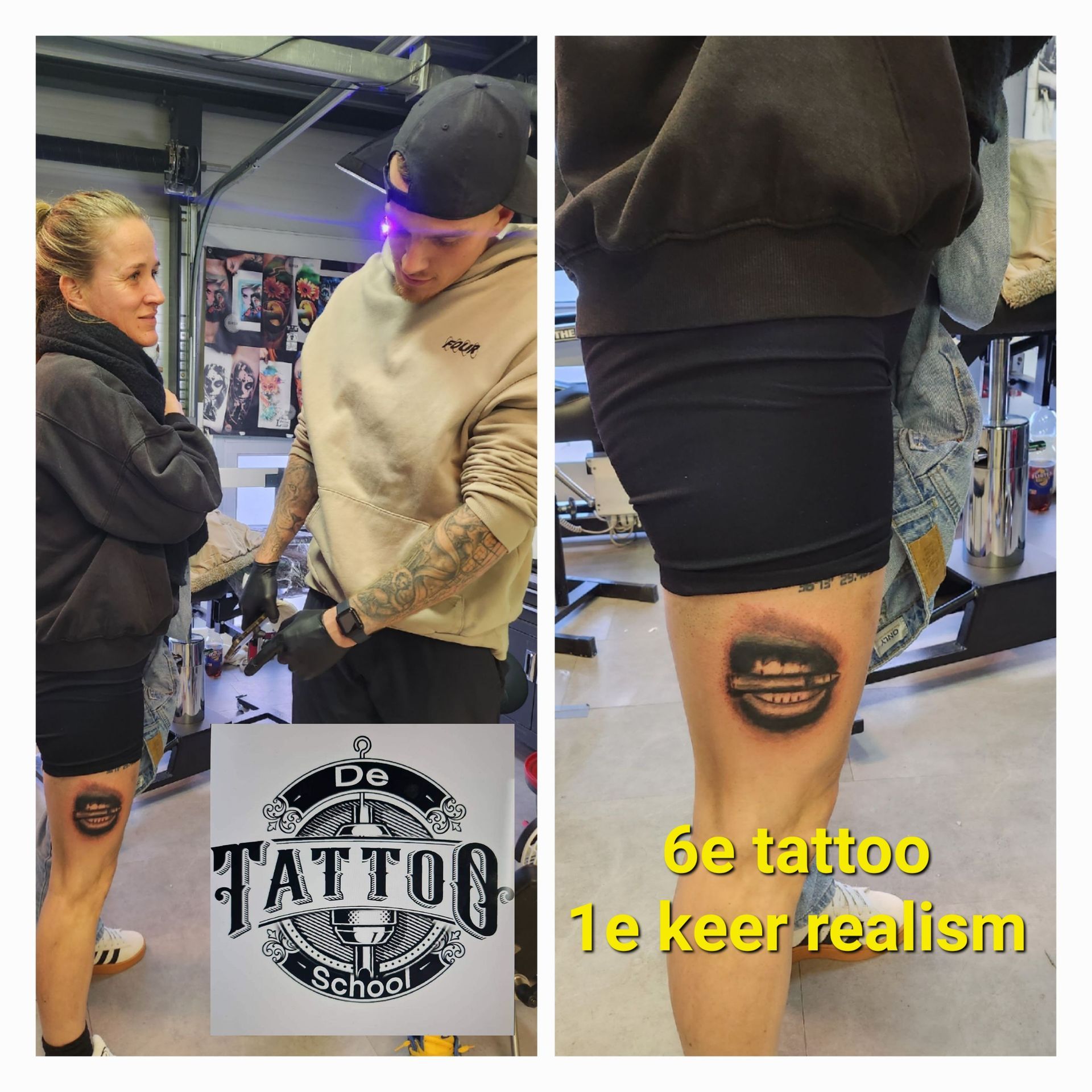 Een tatoeëerder werkt aan het been van een klant, waar een nieuwe realistische tatoeage van lippen wordt gezet, met het logo van de school tussen de foto's.