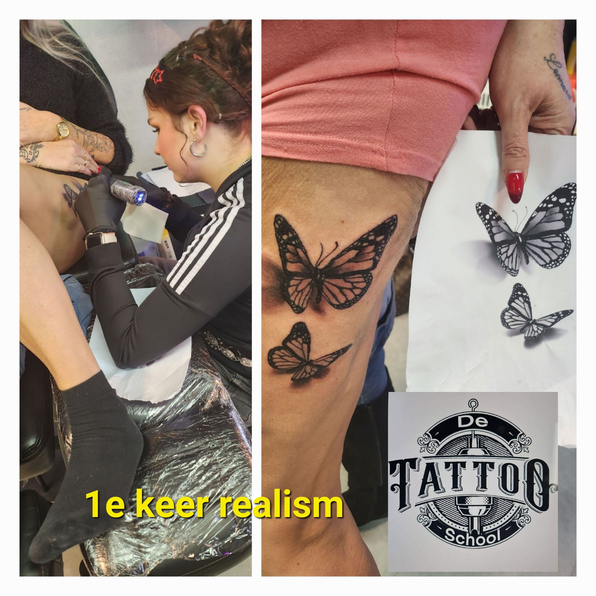 Een tatoeëerder brengt een 3D-vlinderontwerp aan op de huid van een klant, waarbij een voorbeeldblad en logo in de compositie zijn verwerkt.