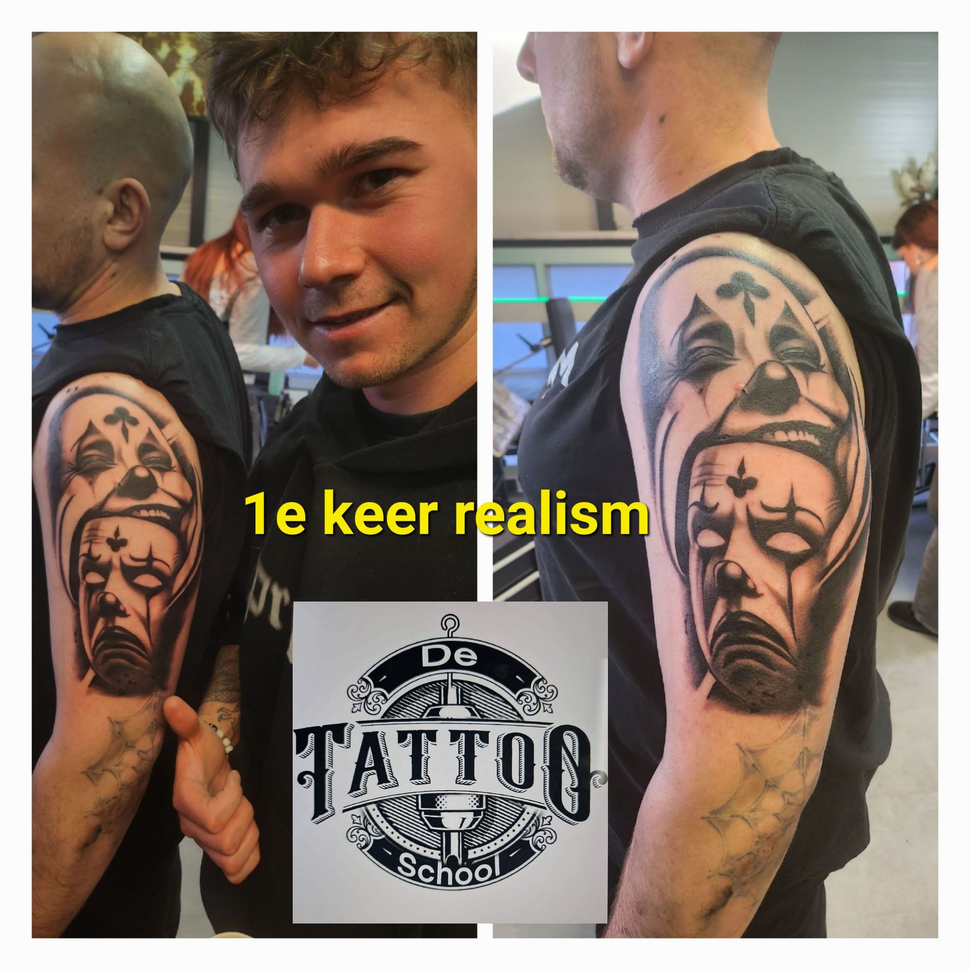 Een tatoeëerder presenteert zijn eerste realistische tatoeage, met clownmaskers op de bovenarm van een persoon en een logo eronder.