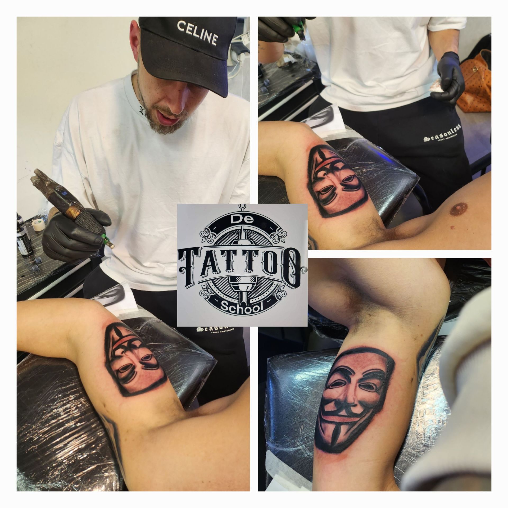 In een studio zet een tatoeëerder een Guy Fawkes-masker op de arm van een klant, zoals te zien is in een collage van vier panelen.
