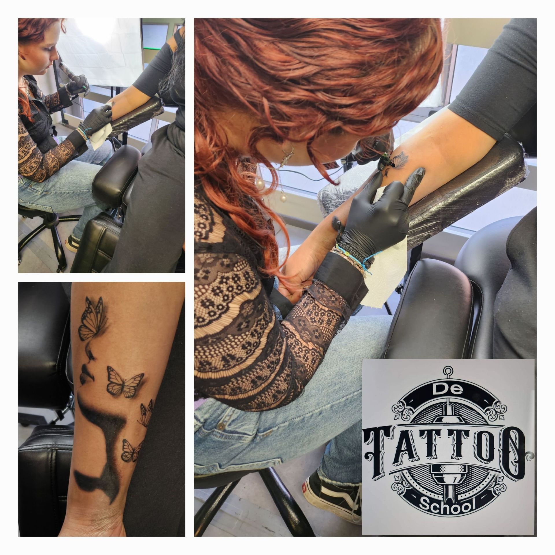 Een collage van iemand die een ander tatoeëert, een close-up van een vlindertattoo en het logo van De Tattoo School.