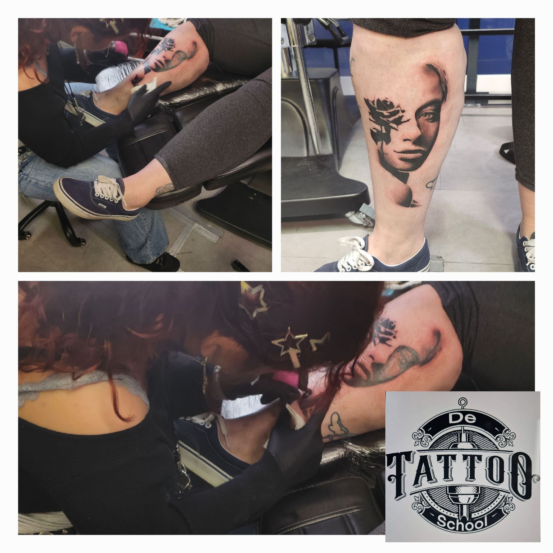 Een tatoeëerder werkt aan een portrettattoo op het onderbeen van een persoon, met het logo van 