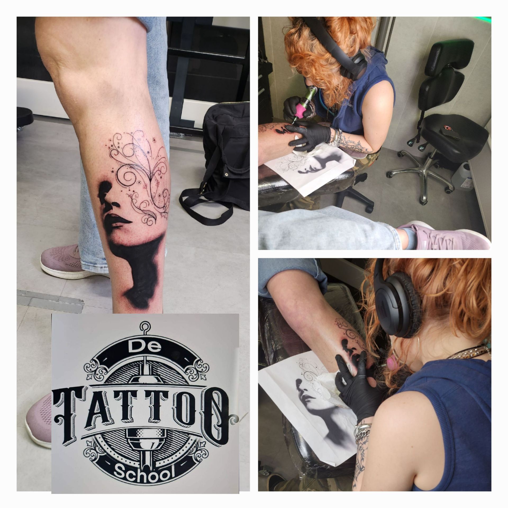Een tatoeëerder werkt aan het been van een klant, waar een portrettattoo met wervelende patronen en het logo van de school te zien is.