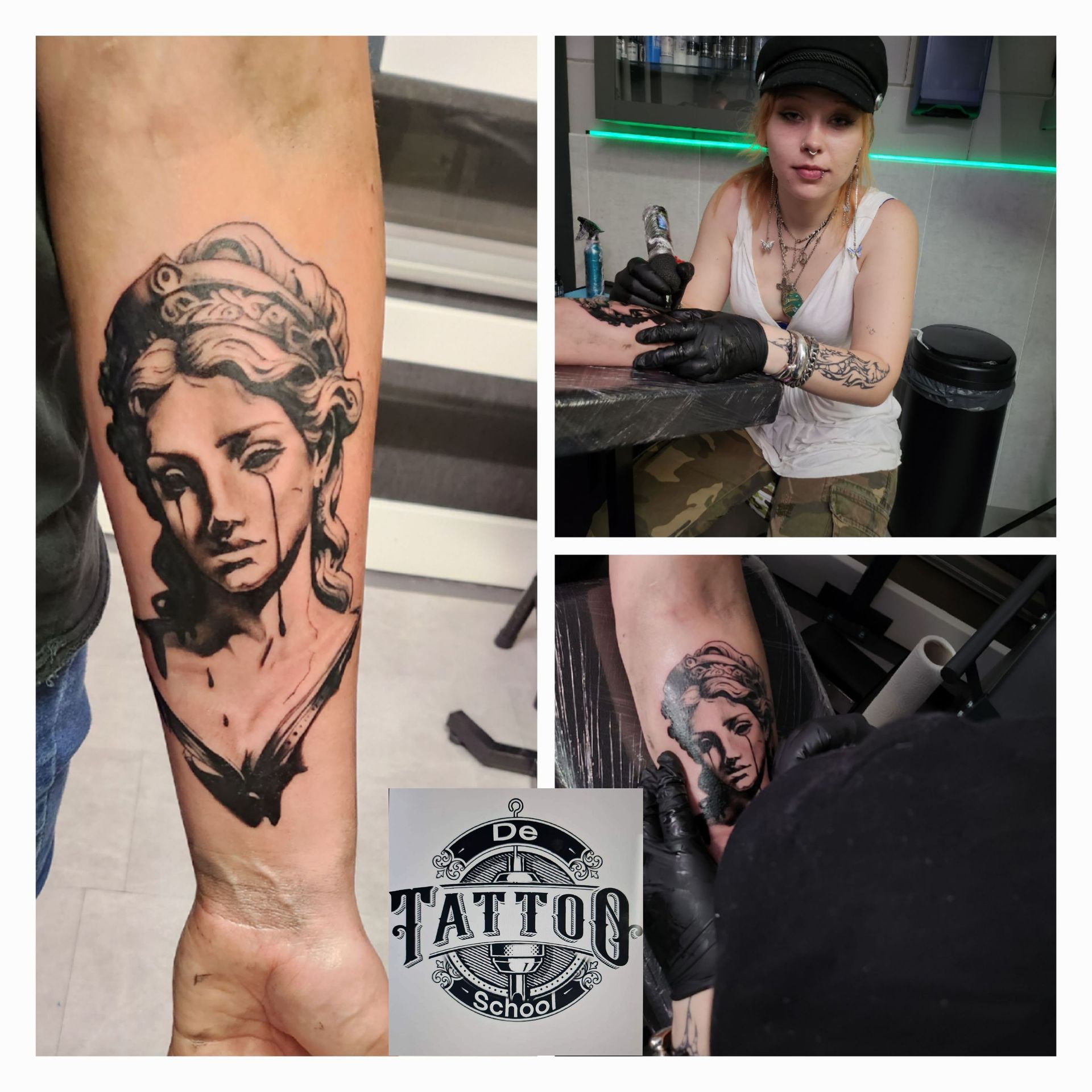 Een tatoeëerder werkt aan de onderarm van een klant, waarop een zwart-grijze tatoeage van een standbeeldachtig gezicht met tranen te zien is.