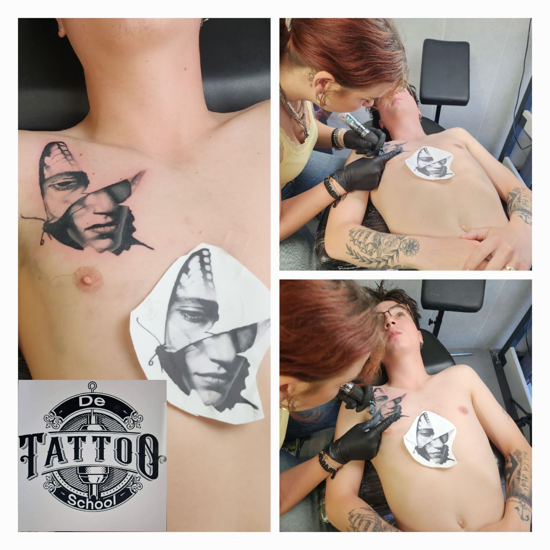 Een tatoeëerder werkt aan de borst van een persoon, waar een realistisch portret op de huid wordt aangebracht.