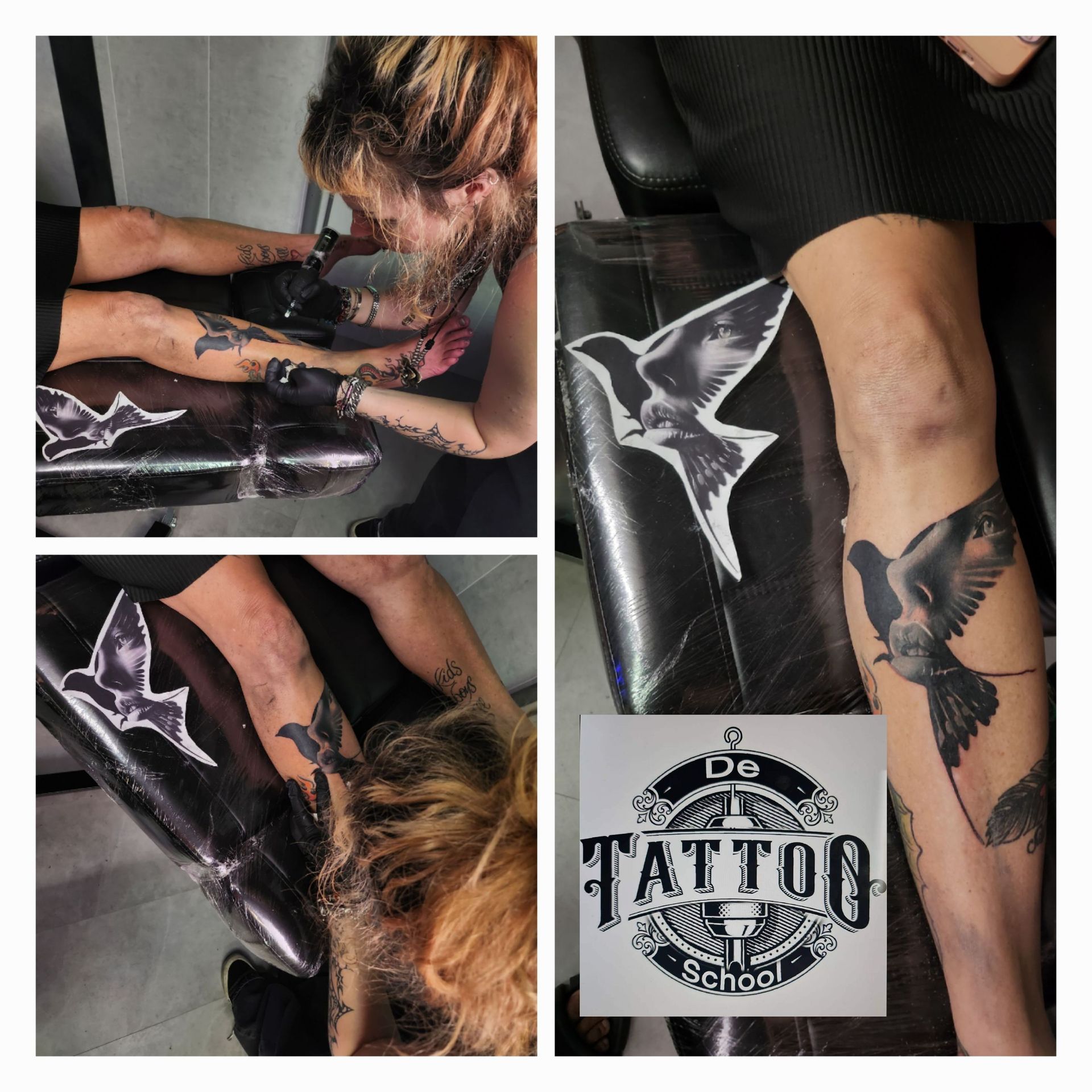 Een tatoeëerder werkt aan een duif-tatoeage op de kuit van een klant, waarbij een voorbeeldtekening en een schoollogo zichtbaar zijn.