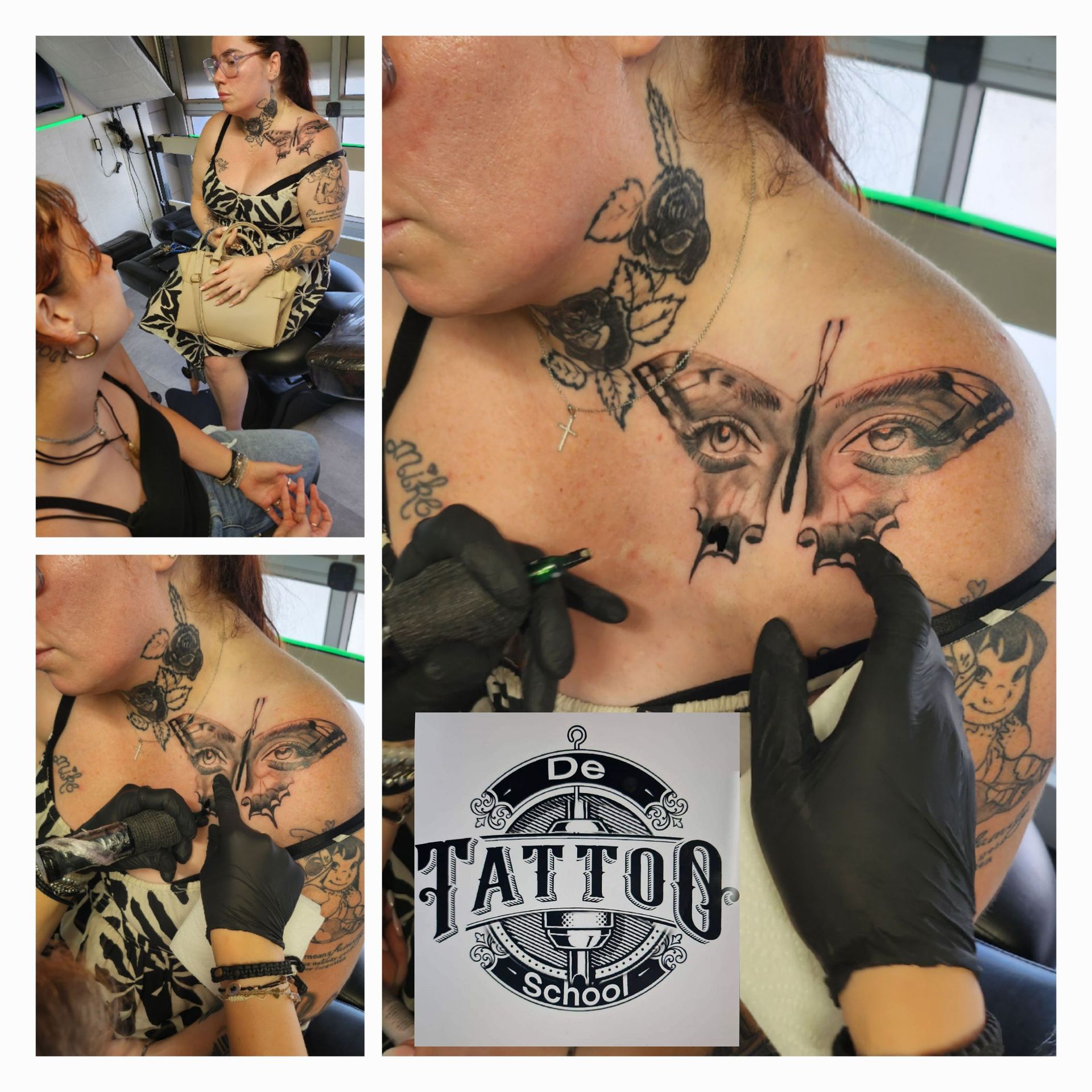 Een tatoeëerder werkt aan de schouder van een klant, met een vlindertattoo met ogen in de vleugels en een schoollogo.