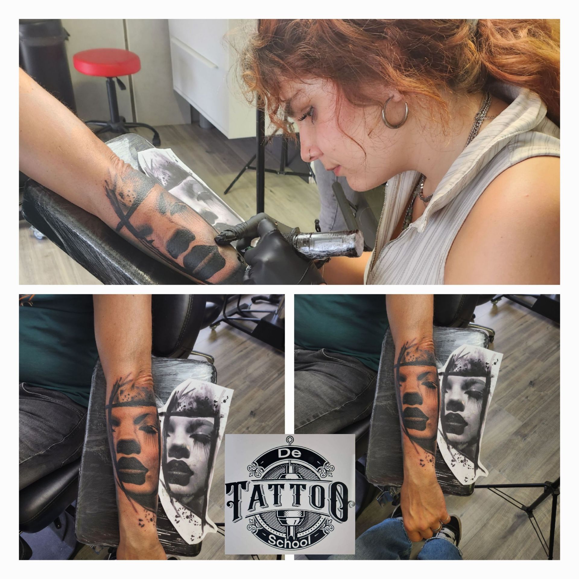 Een tatoeëerder werkt aan een portrettattoo op de onderarm van een klant. De video toont het proces en het gedetailleerde eindresultaat.