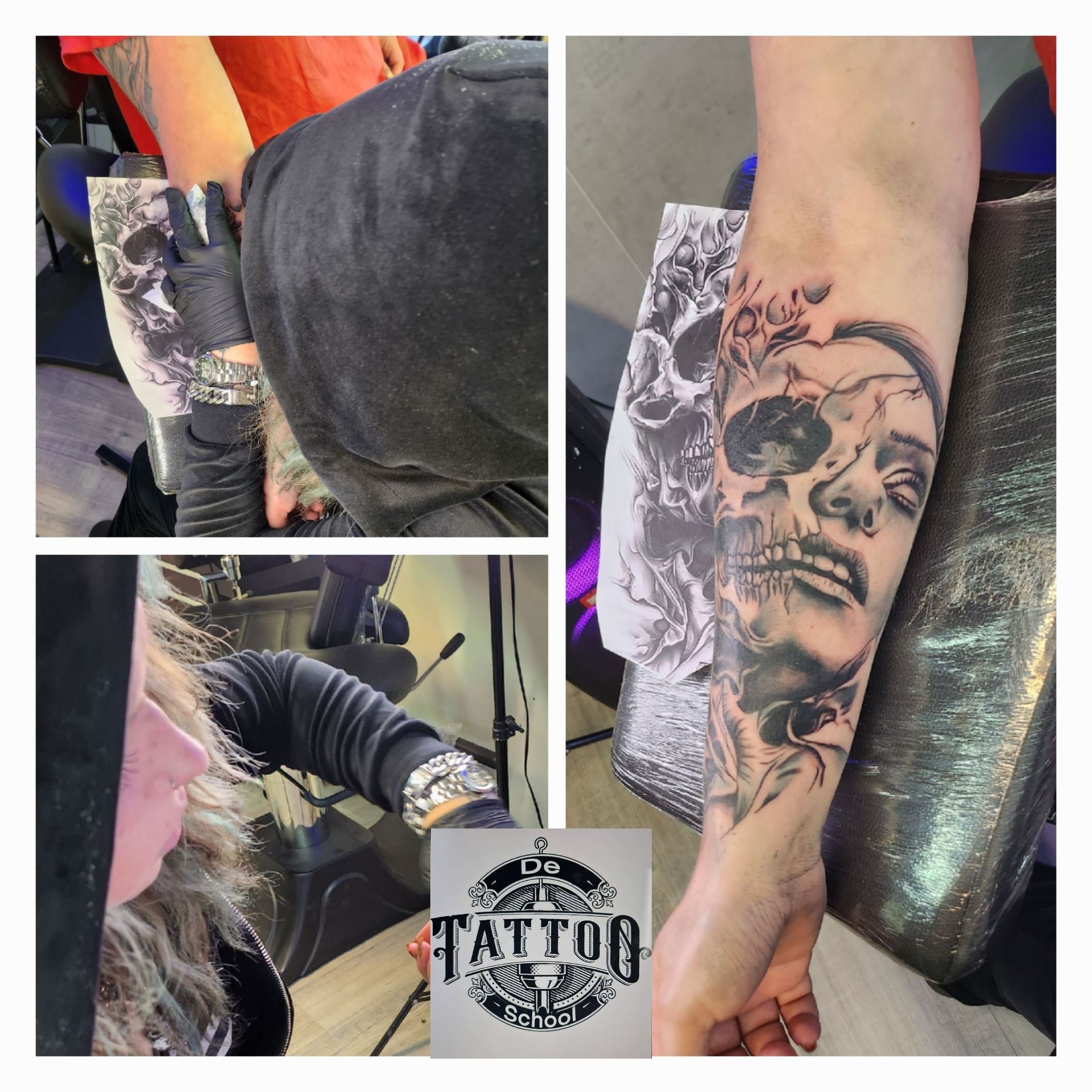 Een collage waarop een tatoeëerder te zien is die werkt aan een tatoeage op een onderarm, met een realistisch portret dat overgaat in een schedel.