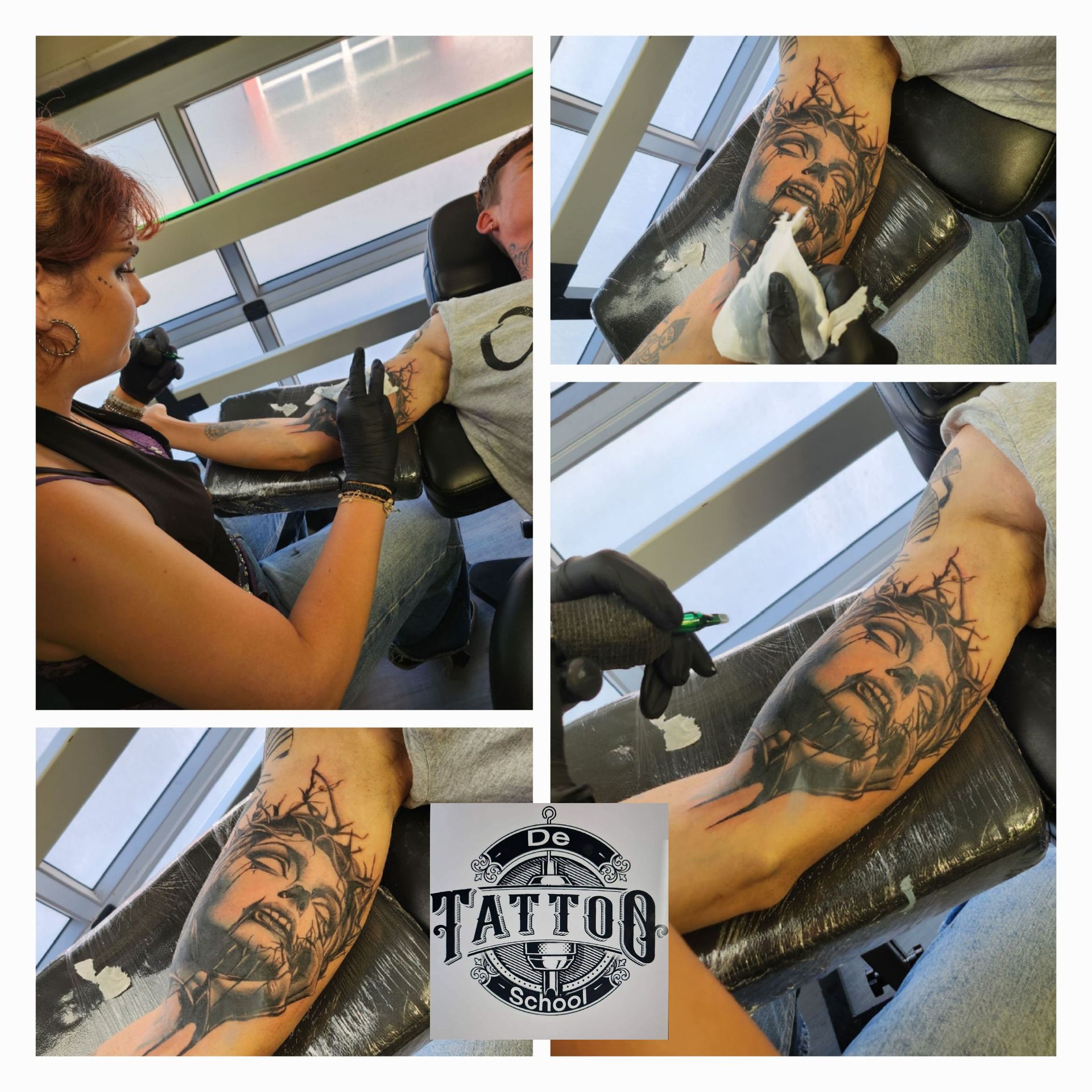 Een tatoeëerder werkt in een studio aan een tatoeage van Jezus met een doornenkroon op de onderarm.