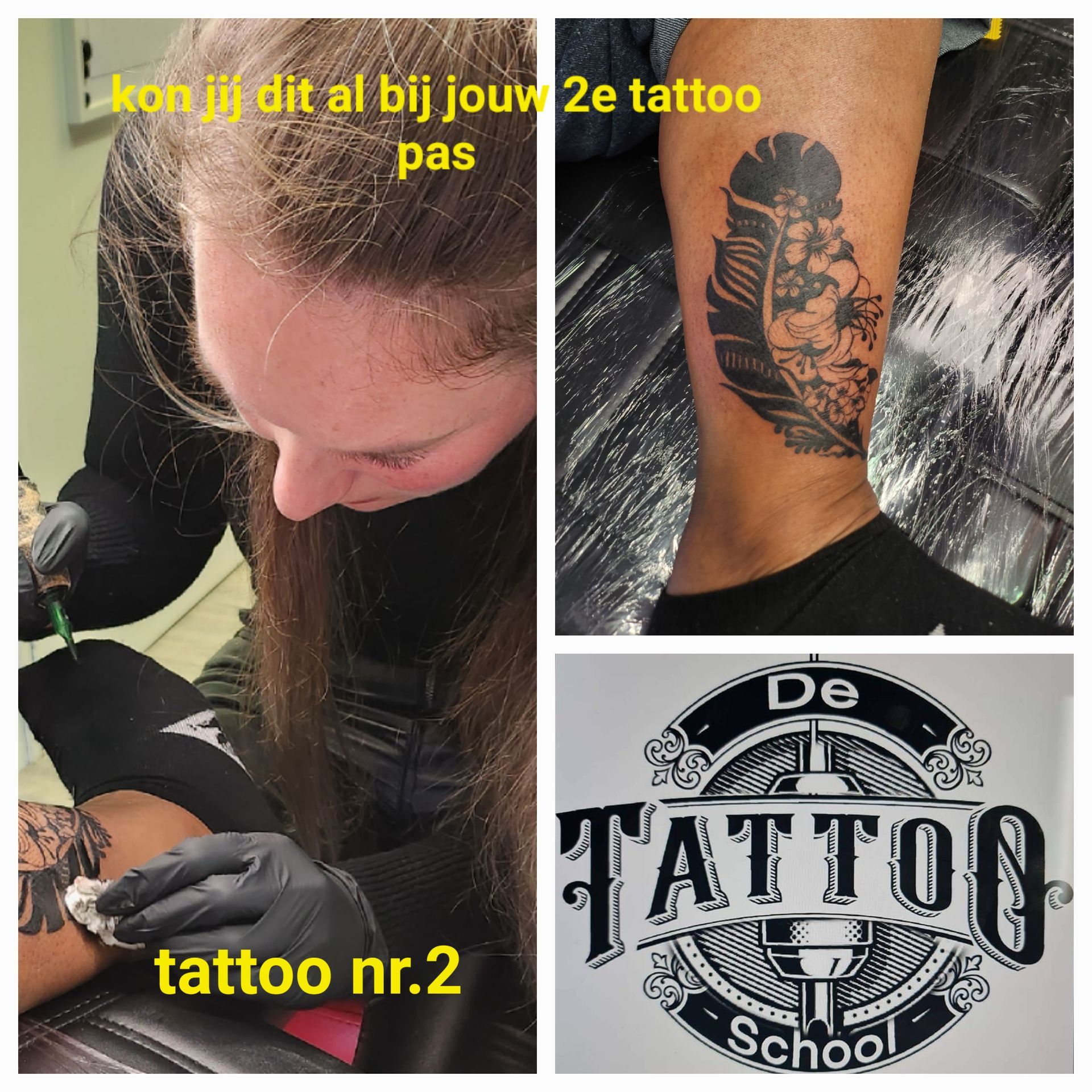 Een tatoeëerder aan het werk aan een ontwerp met veren, een voltooide bloemen- en verentattoo en het logo van 