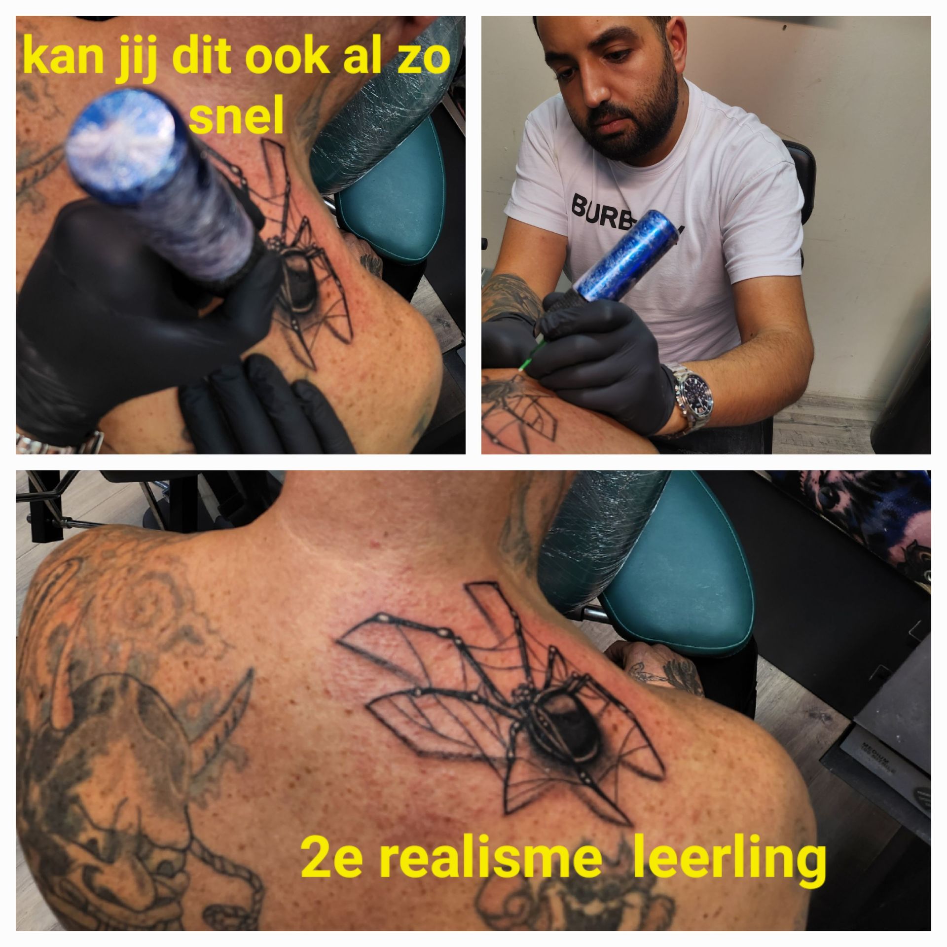 Een collage waarop een tatoeëerder te zien is die een spinnentattoo op iemands schouder zet, met tekst in het Nederlands.