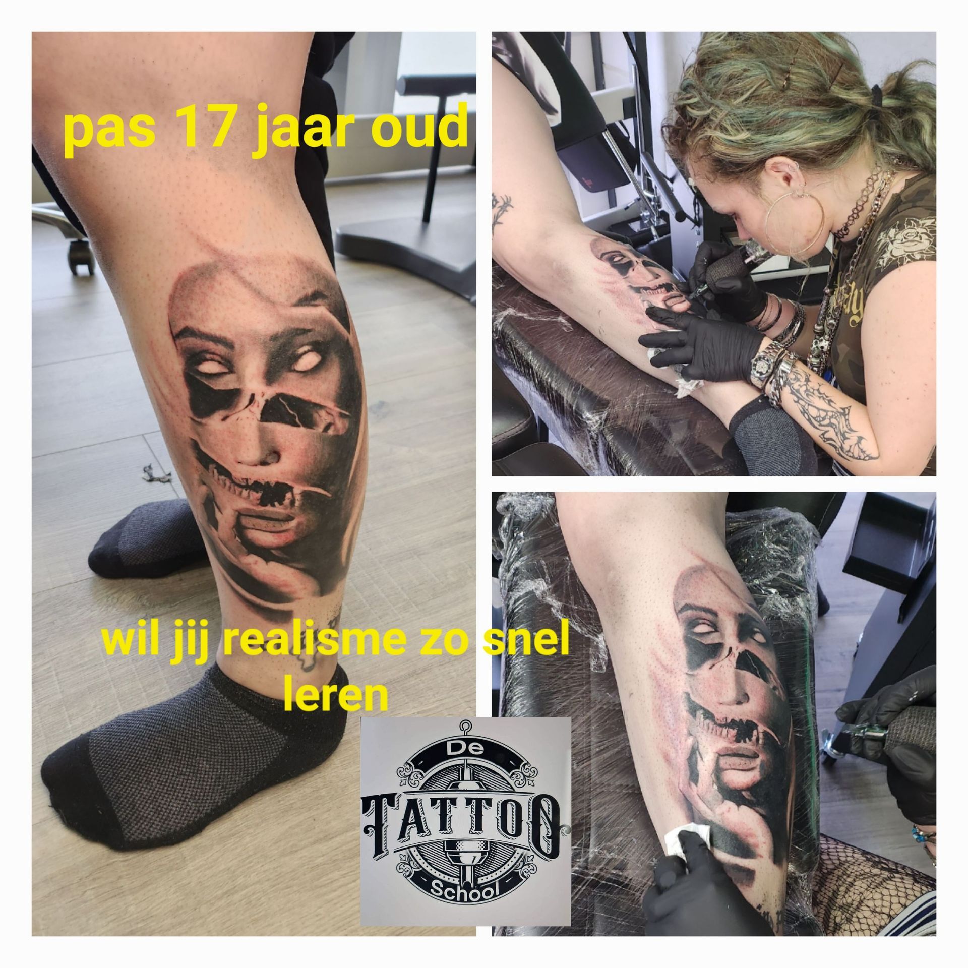 Een collage waarop iemand een portret op een been tatoeëert, met Nederlandse tekst ter promotie van een cursus realistische tatoeages.