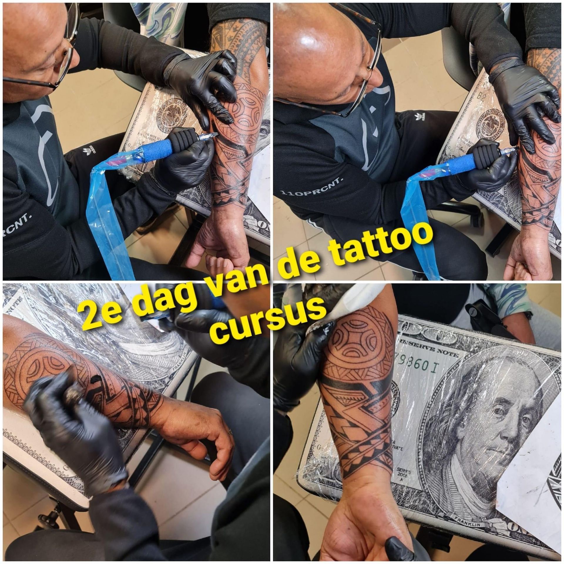 Een collage in vier delen, waarop een tatoeëerder te zien is die tijdens een training een onderarm tatoeëert met een ontwerp van een biljet van 100 dollar.