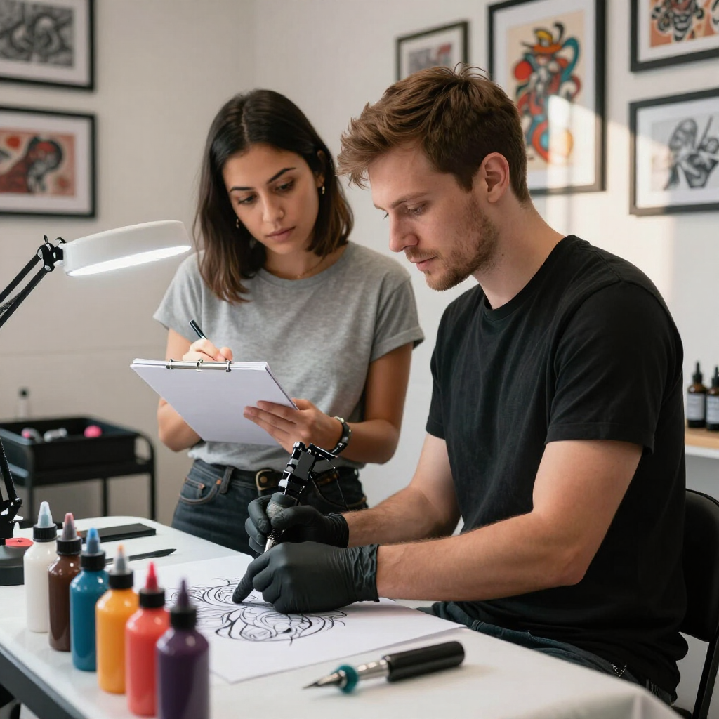 Twee mensen in een tattoostudio, waarbij de ene persoon op papier tekent terwijl de andere aantekeningen op een klembord bekijkt.