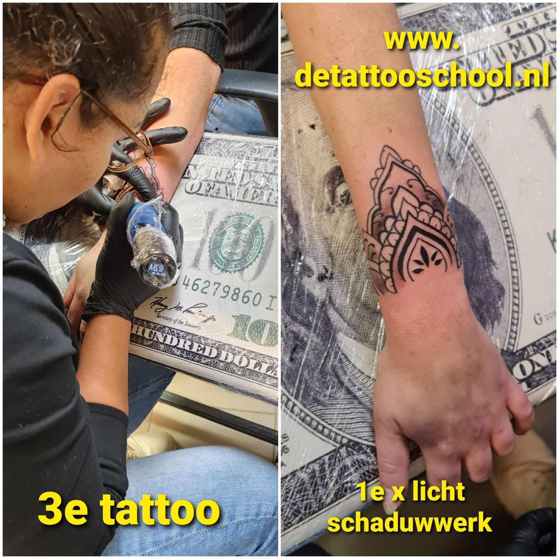 Een tatoeëerder werkt aan een mandala-tatoeage op de pols, links te zien vóór het inkleuren en rechts met lichte inkleuring.