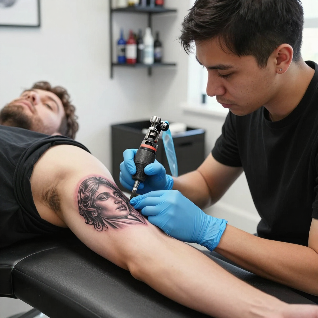 Een tatoeëerder met blauwe handschoenen gebruikt een roterende machine om een ​​portret op de arm van een klant te tatoeëren in een studio.