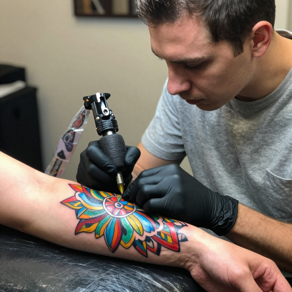 Een tatoeëerder met zwarte handschoenen gebruikt een machine om een ​​levendig, veelkleurig bloemmotief op de onderarm van een persoon te tatoeëren.