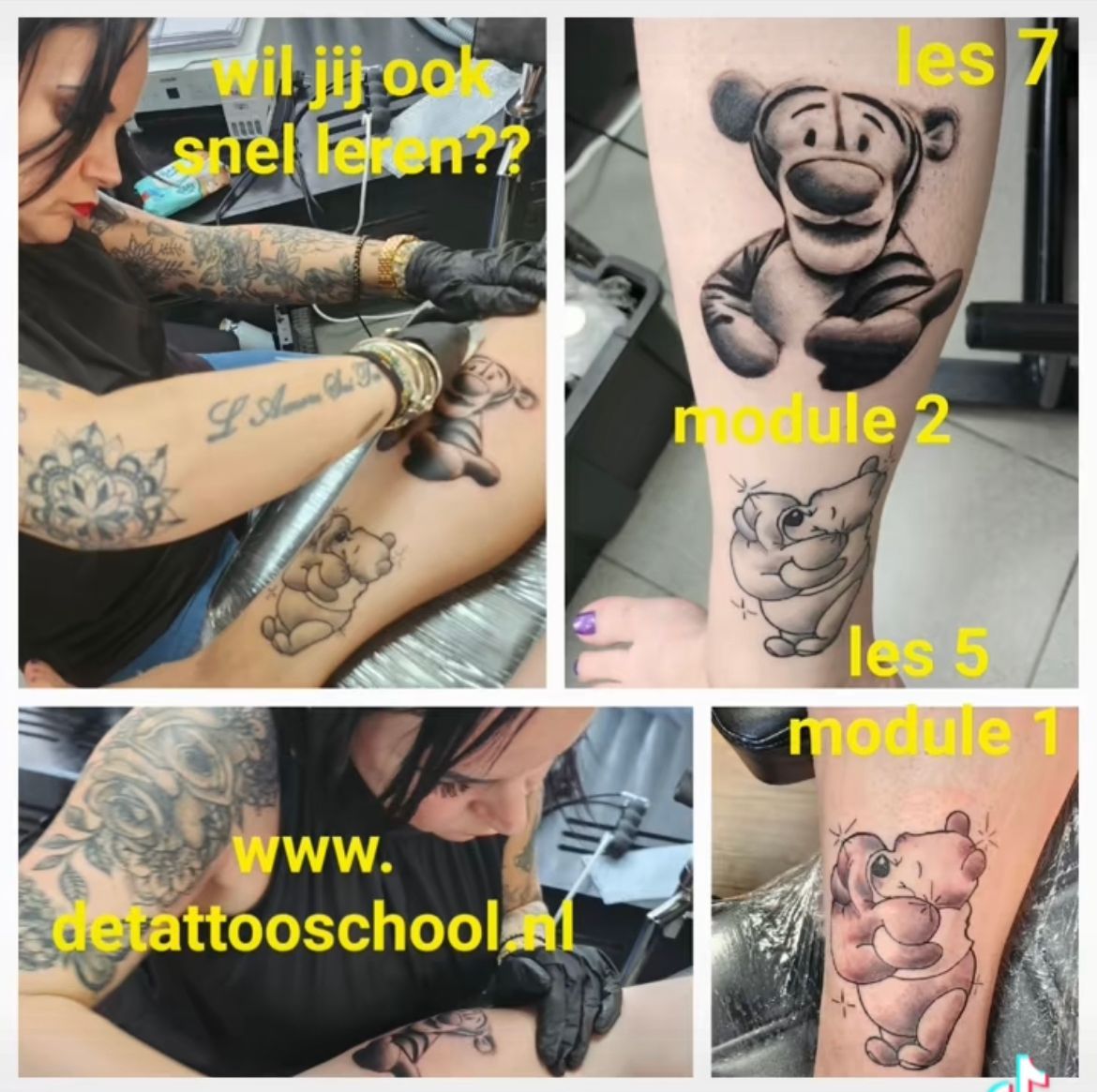 Een collage toont een tatoeëerder die tatoeages zet van Tigger en Winnie de Pooh, met de tekst 