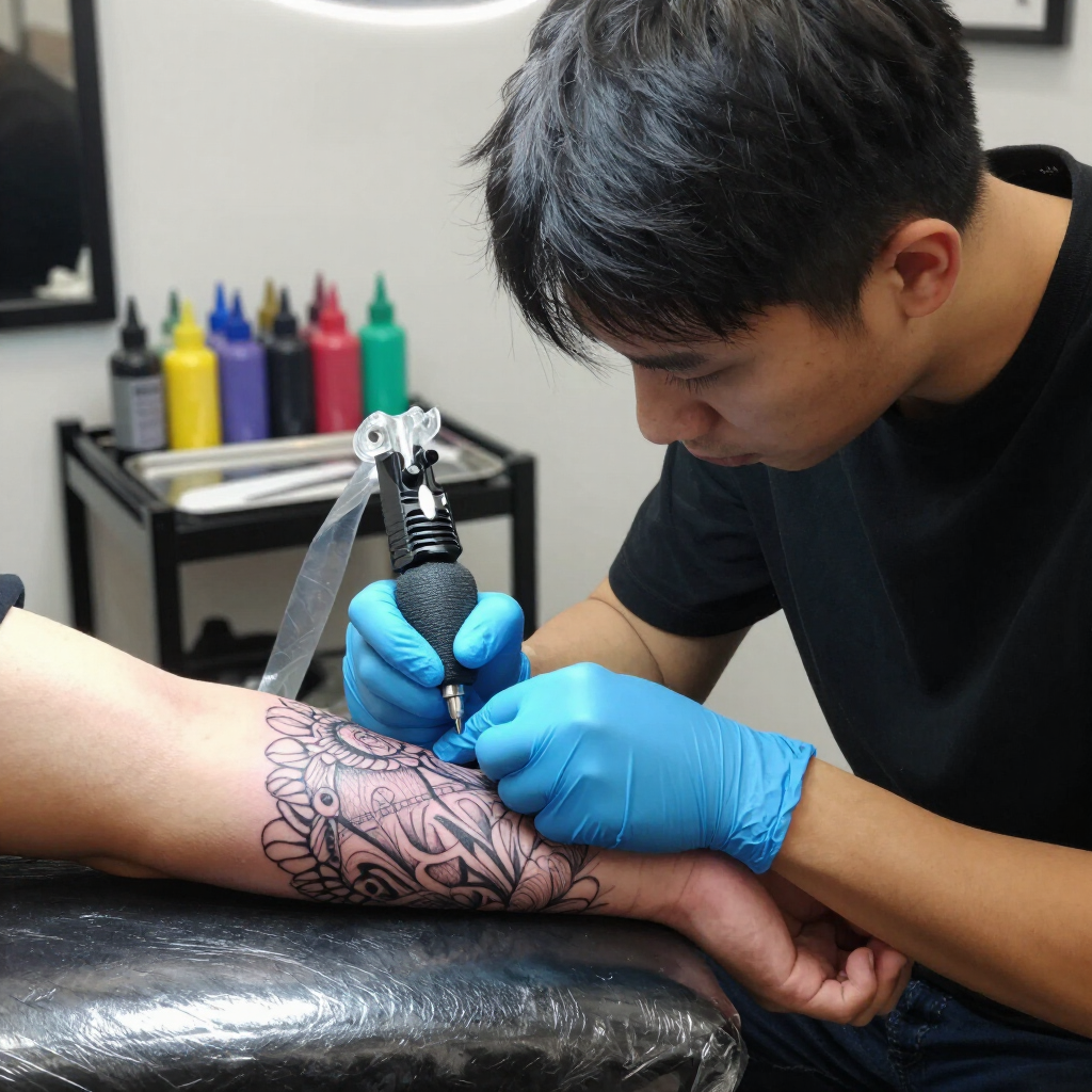 Een tatoeëerder met blauwe handschoenen gebruikt een roterende machine om een ​​gedetailleerd zwart patroon op de arm van een klant aan te brengen.