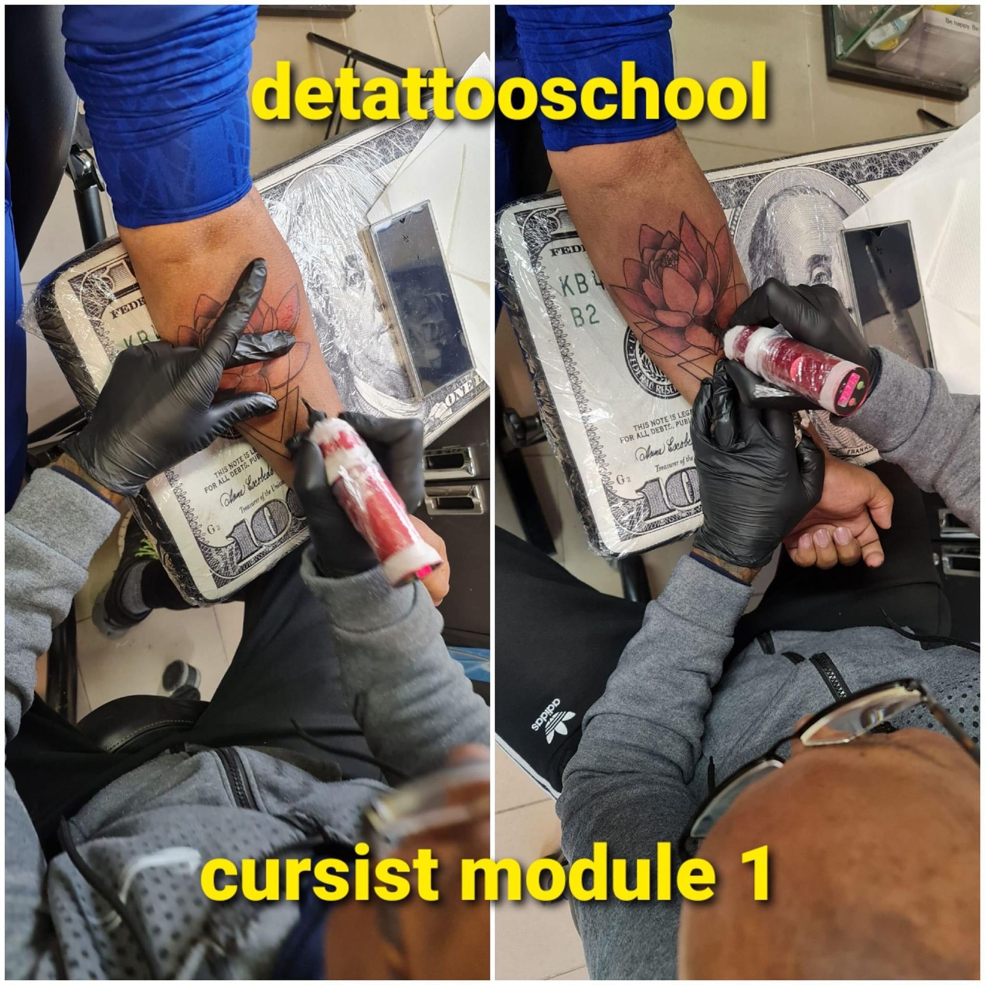 Twee foto's tonen een tatoeëerder met zwarte handschoenen die in een studio een bloemmotief op een arm tatoeëert.