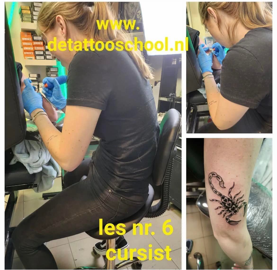 Een tatoeëerder werkt in een studio aan een schorpioenontwerp op de arm van een klant, zoals te zien is in deze driedelige collage.