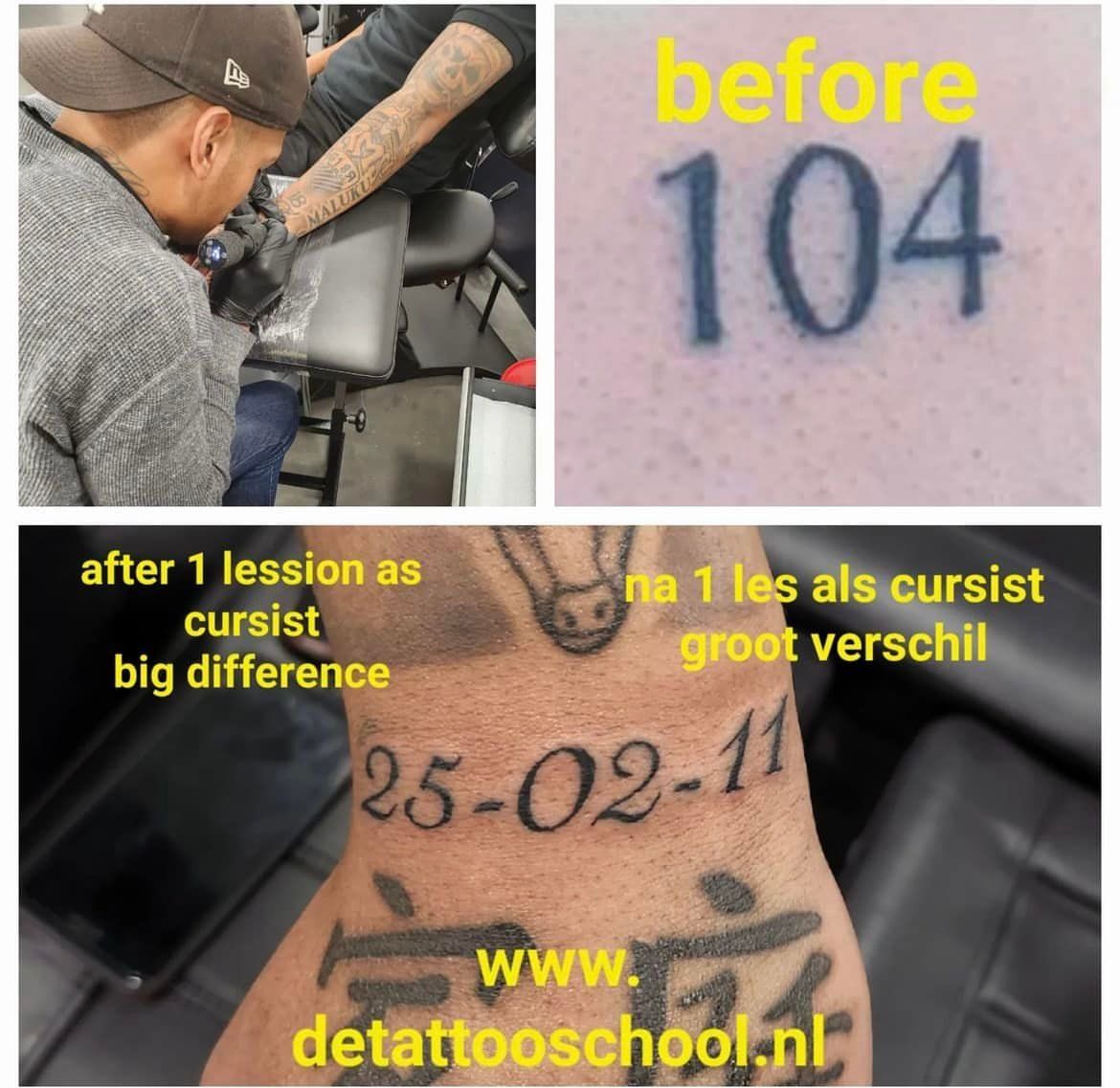 Een tatoeëerder geeft les aan een leerling en laat een 'voor'-tatoeage zien, evenals een verbeterde datumtatoeage na één les.