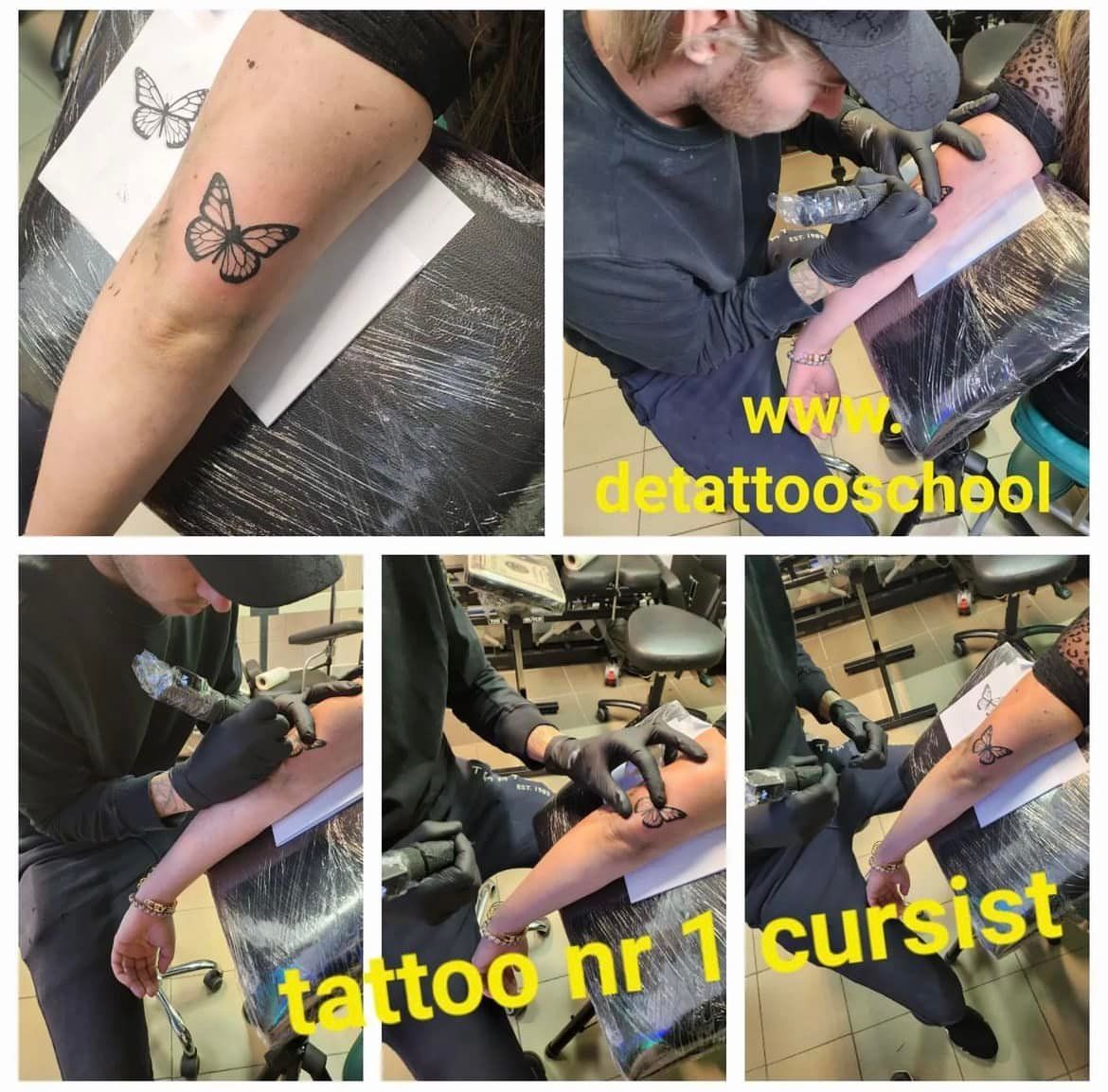 Een collage waarop te zien is hoe een tatoeëerder een leerling in een studio leert hoe een vlinder op een arm getatoeëerd moet worden.