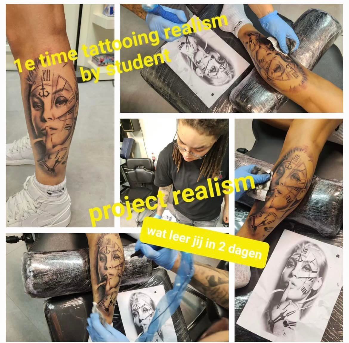 Een collage die laat zien hoe een tatoeëerder een leerling tijdens een tweedaagse workshop leert om een ​​realistisch portret op een been te tatoeëren.