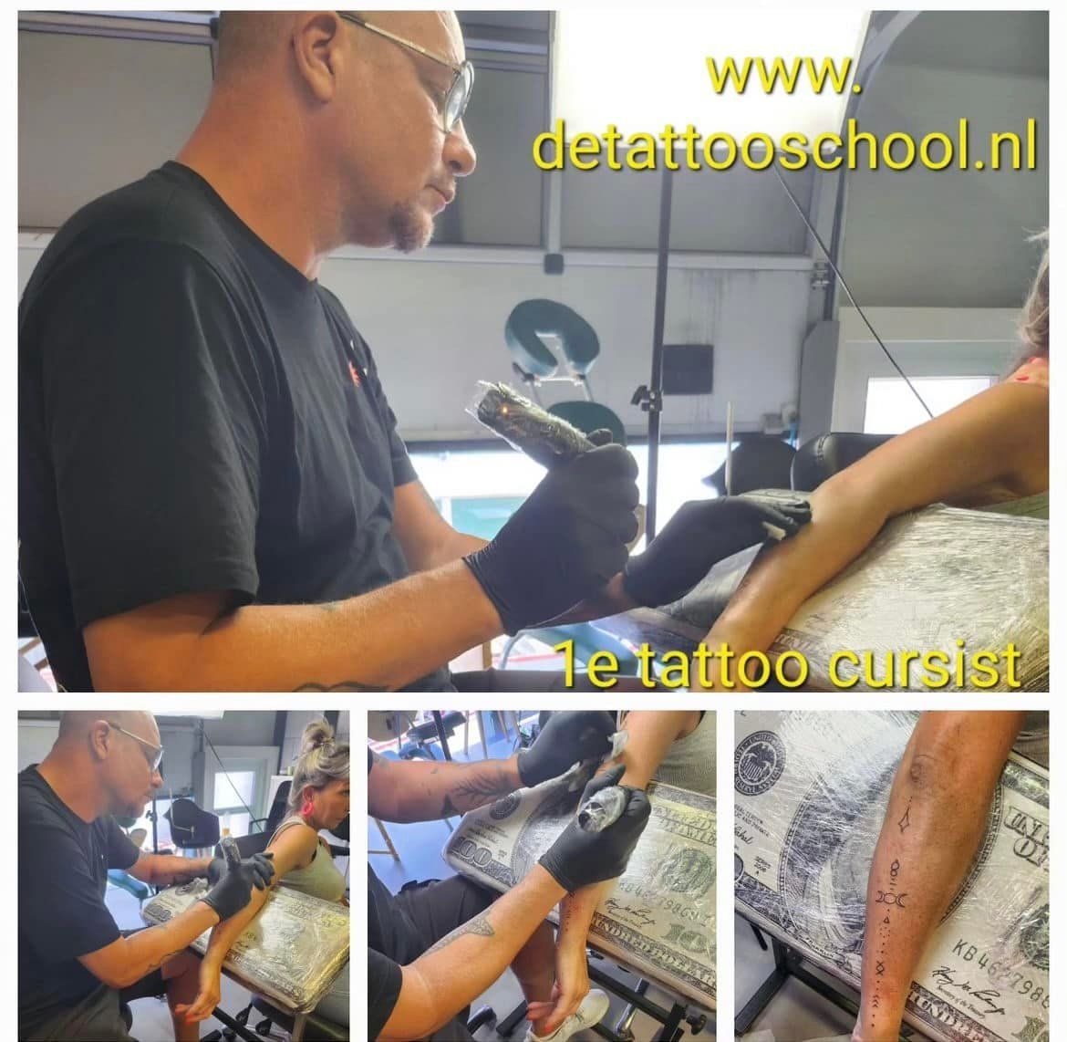 Een tatoeëerder begeleidt een leerling bij een werkstation, waarbij close-ups het tatoeëerproces op de arm van een klant laten zien.