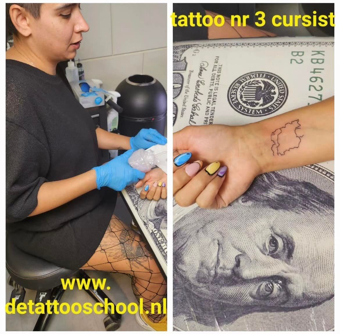 Een persoon tatoeëert een pols in een studio, met een close-up van de kleine, dunne lijntatoeage op de huid van de klant.