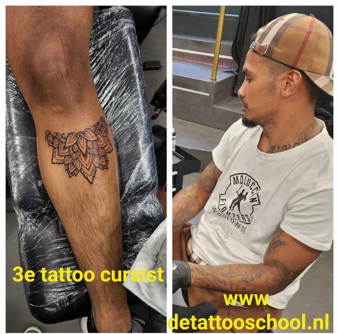 Een tatoeëerder werkt aan een mandala-ontwerp op een onderbeen, met de tekst van de schoolwebsite over de afbeelding heen geplaatst.