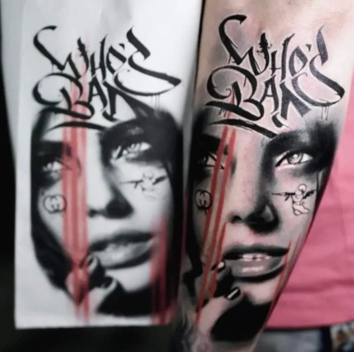 Een vergelijking naast elkaar van een tatoeageschets en het voltooide ontwerp, met een portret met rode strepen en graffiti-tekst.