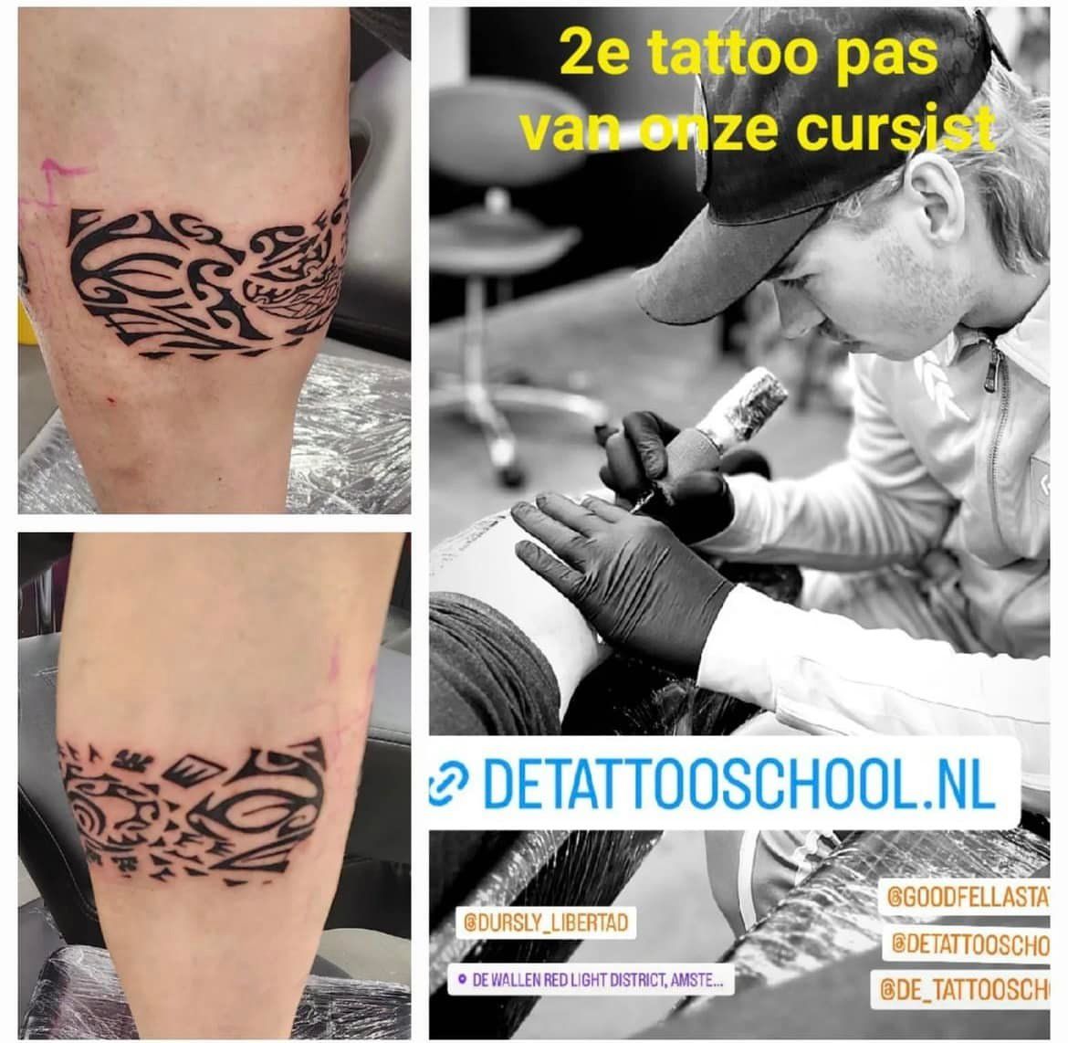 Iemand tatoeëert een tribale armband op de arm van een klant, met de website 
