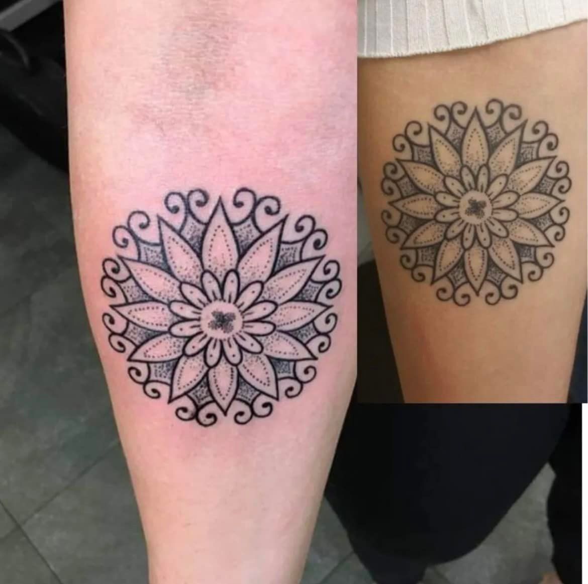 Een vergelijking van een bloemenmandala-tatoeage met zwarte stippen, weergegeven op twee verschillende huidtinten.