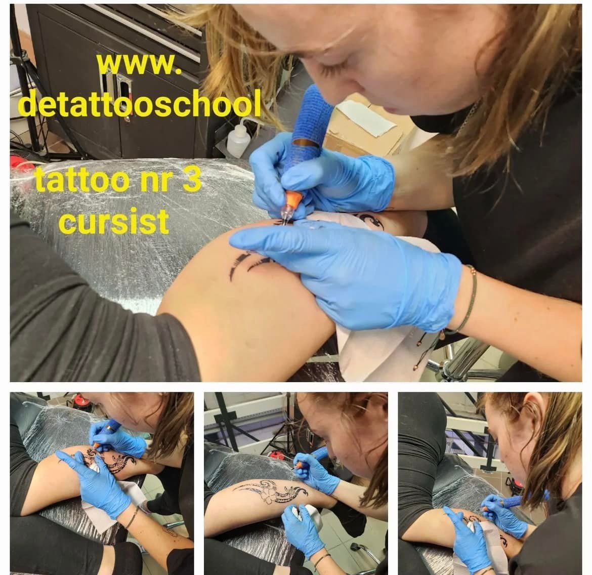 Een tatoeëerder met blauwe handschoenen zet een tatoeage op de arm van een klant in een tatoeëerschool.