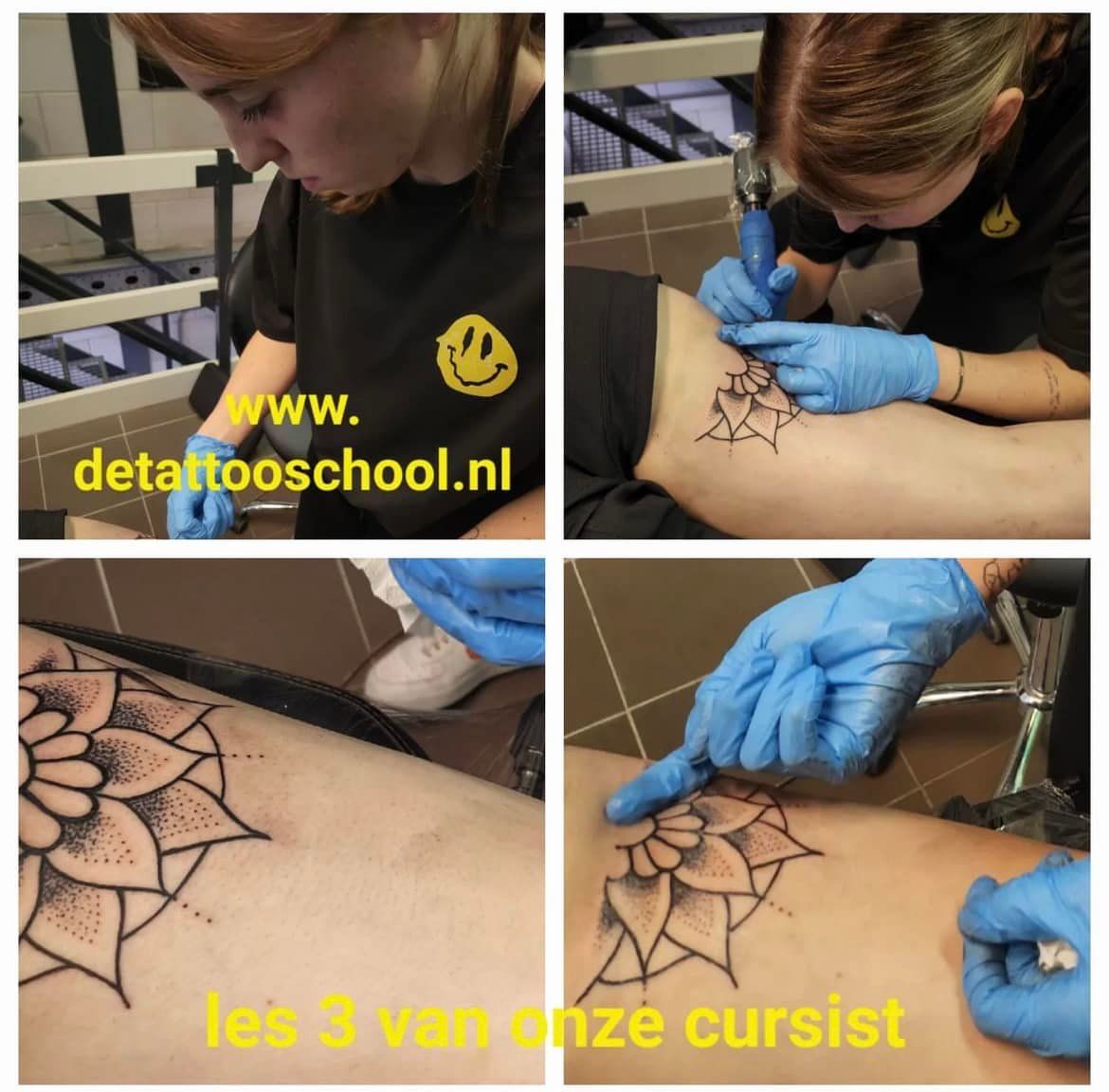 Een student van een tattooschool oefent het tatoeëren van een geometrisch bloemenpatroon op de huid, gefilmd vanuit verschillende hoeken.