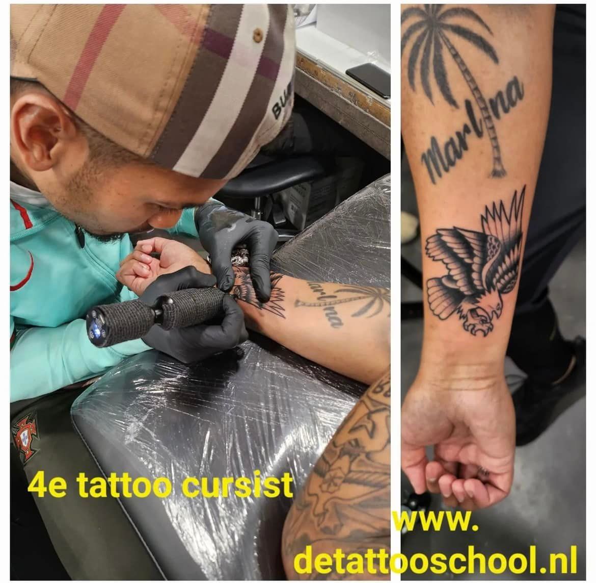 Een tatoeëerder werkt aan de arm van een klant, die naast een reeds voltooide adelaartatoeage met palmboom en naamtekst te zien is.