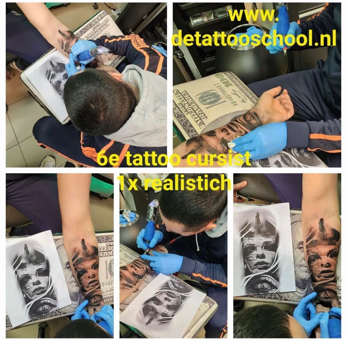 Een collage toont iemand die op een tattooschool leert een realistisch portret op een onderarm te tatoeëren.