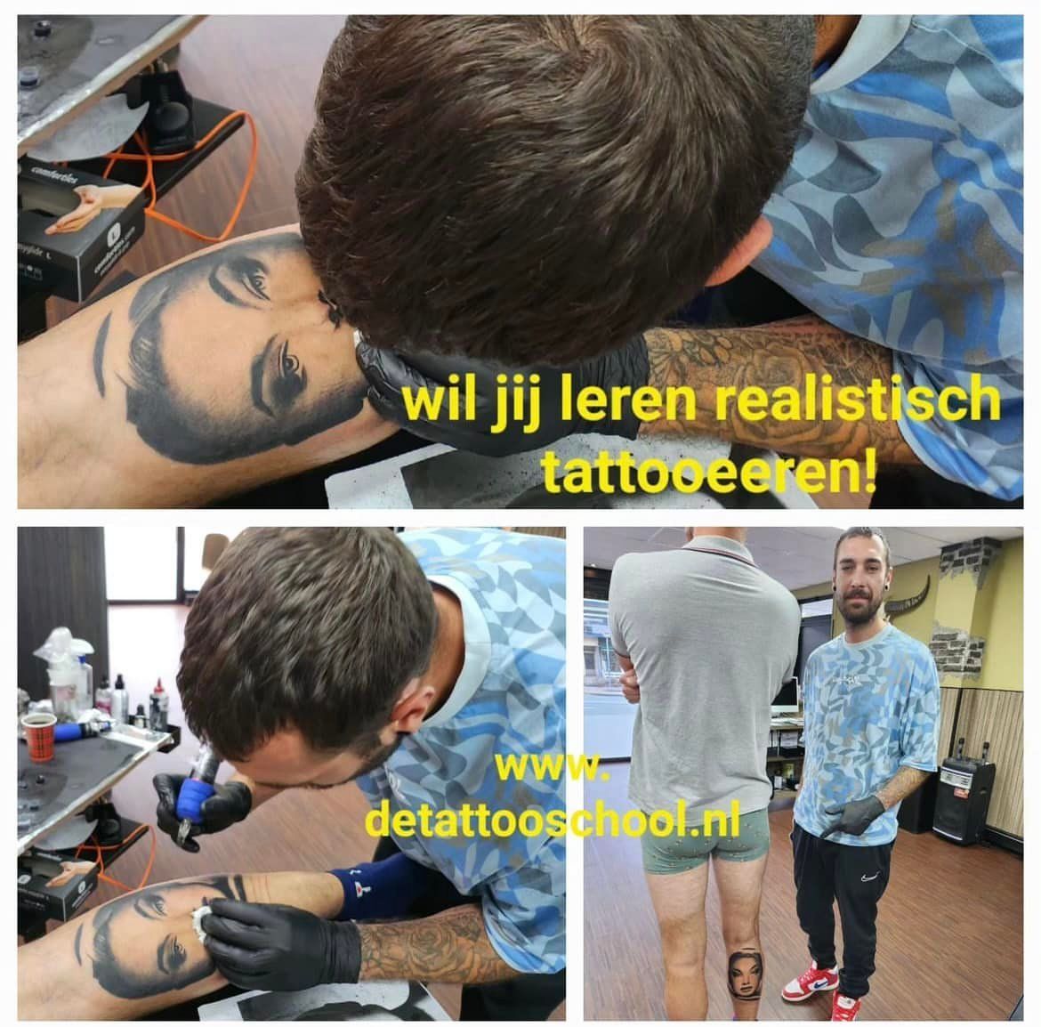Een tatoeëerder demonstreert technieken op een realistische portrettatoeage in een studio, waarbij de URL detattooschool.nl zichtbaar is.