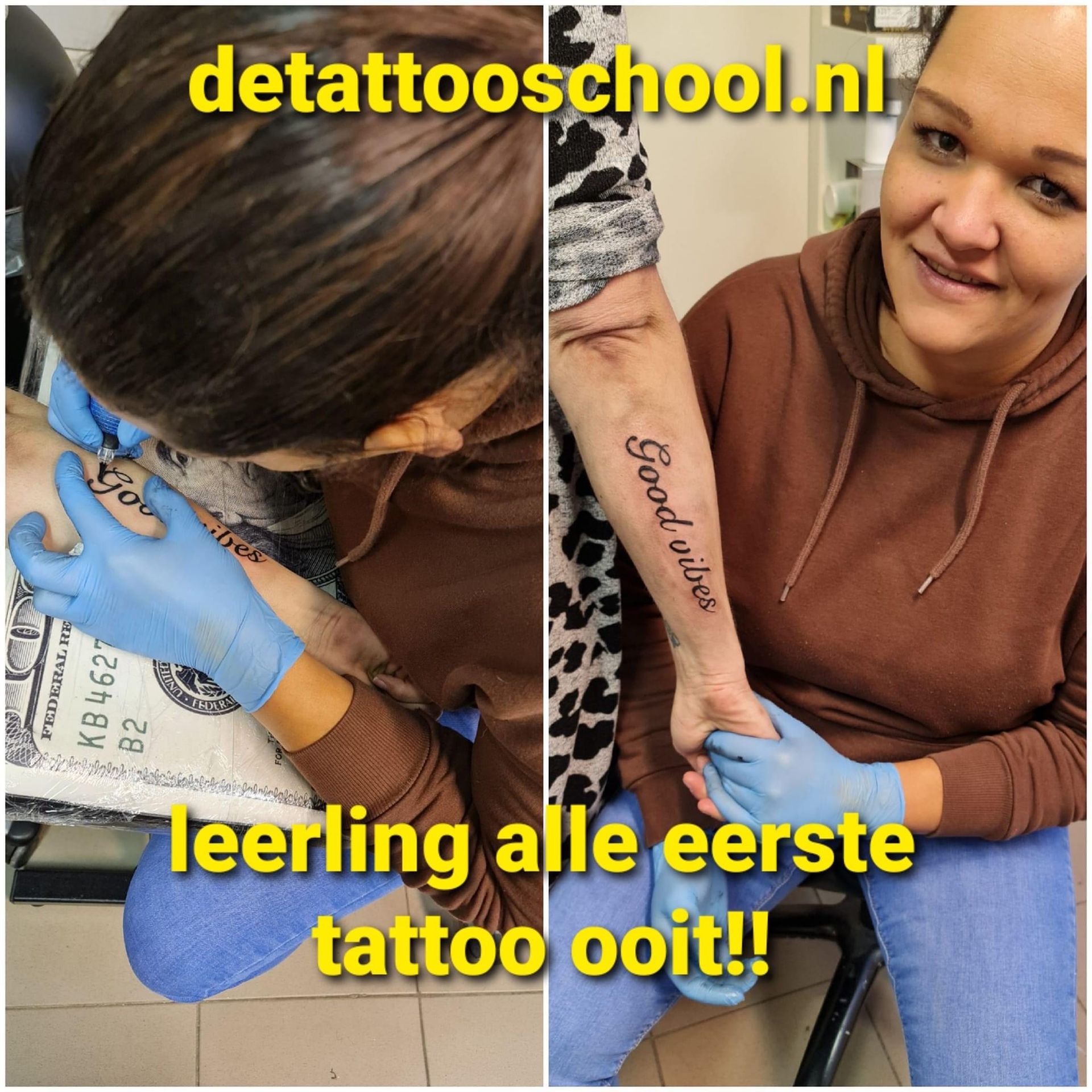 Een student zet zijn eerste tatoeage met de tekst 