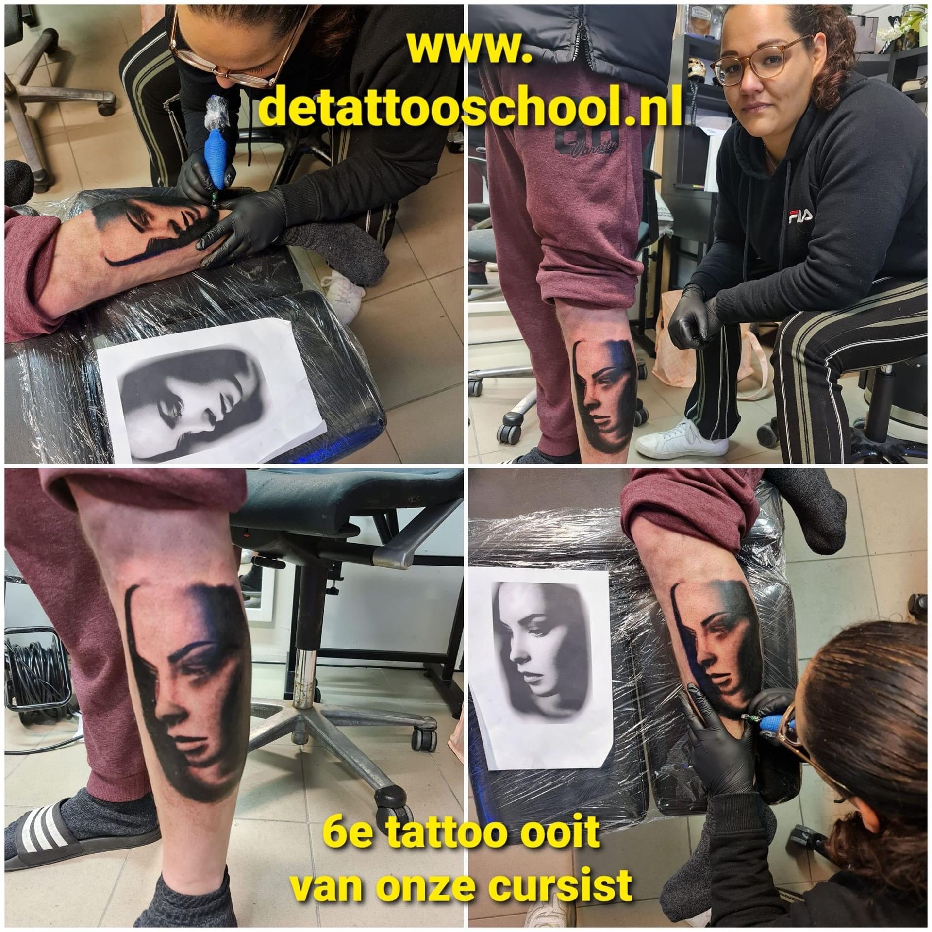 Een tatoeëerder zet een portrettattoo op het been van een klant in een school, met de website detattooschool.nl als voorbeeld.