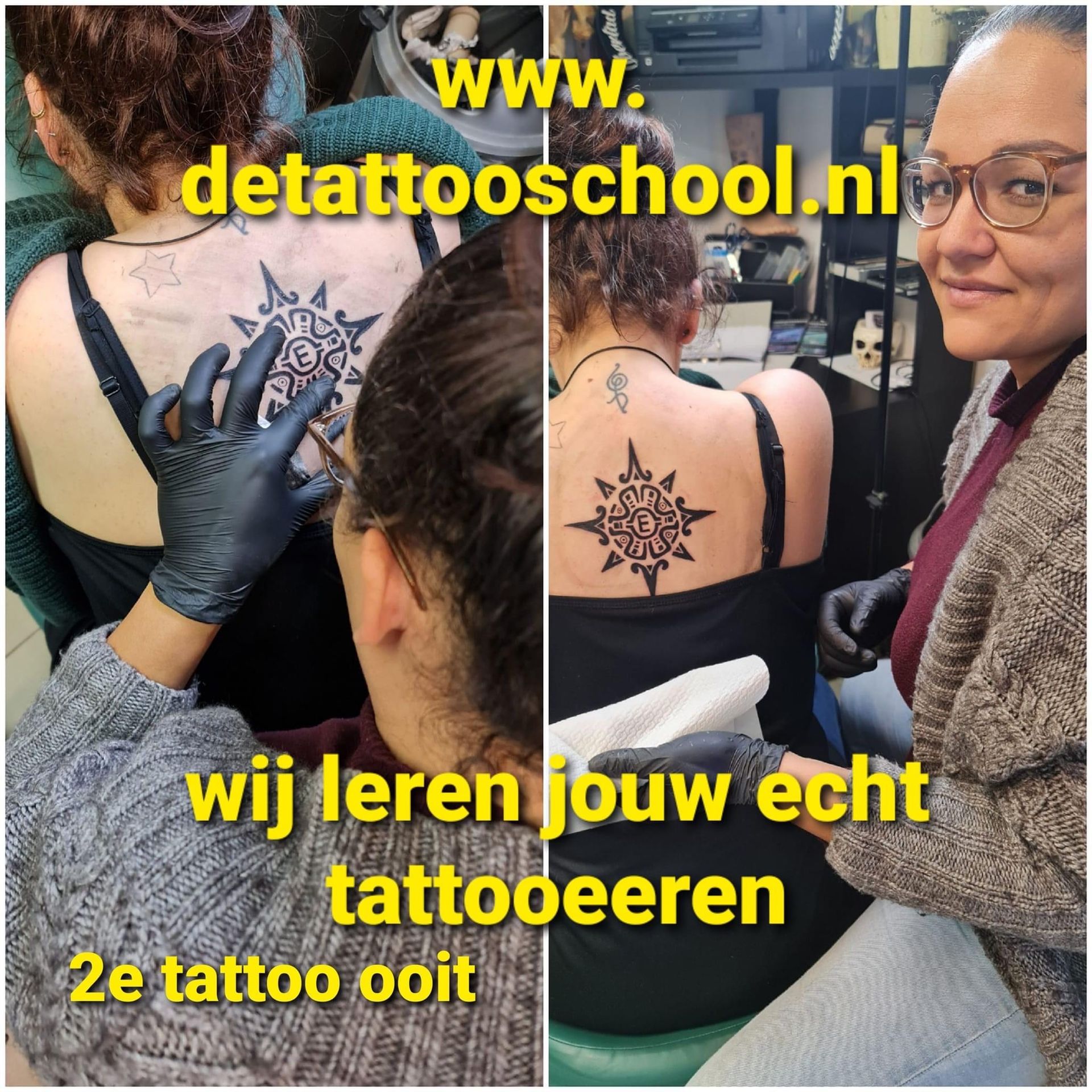Een instructeur begeleidt een leerling bij het tatoeëren van een ster op iemands rug. De tekst maakt reclame voor een tattooschool.