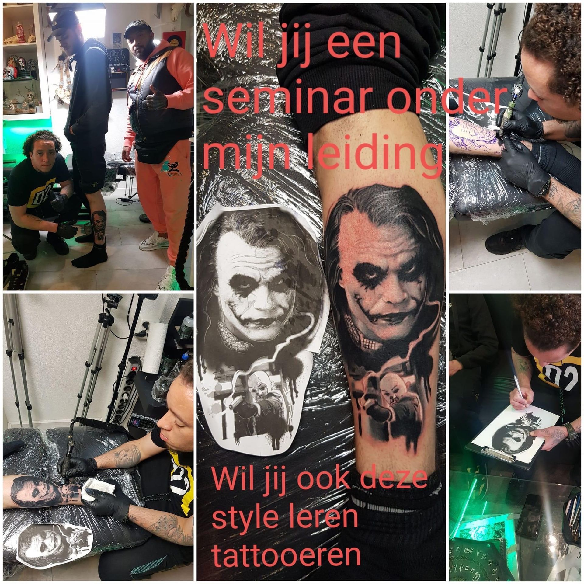 Collage met een afbeelding van een tatoeëerder die aan een Joker-portret werkt, met tekst die reclame maakt voor een professioneel tatoeëerseminar.