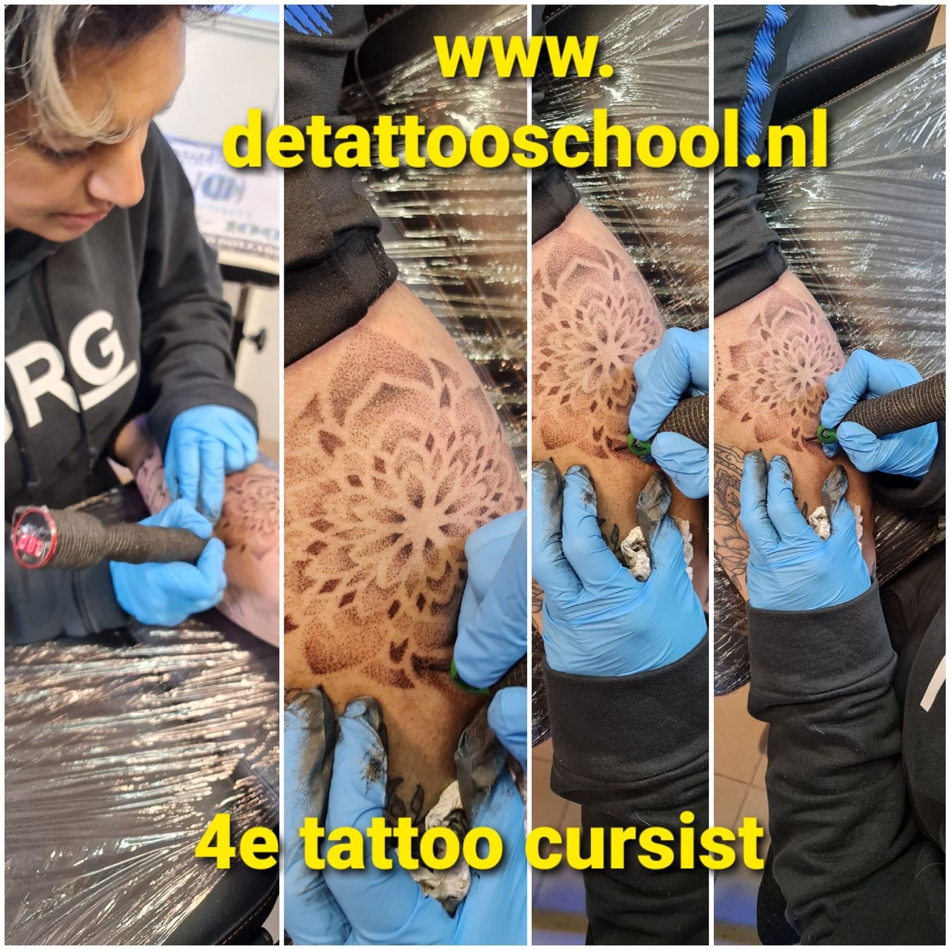 Een tattoo-artiest werkt aan een mandala-ontwerp op de huid van een klant. Tekstoverlay vermeldt 