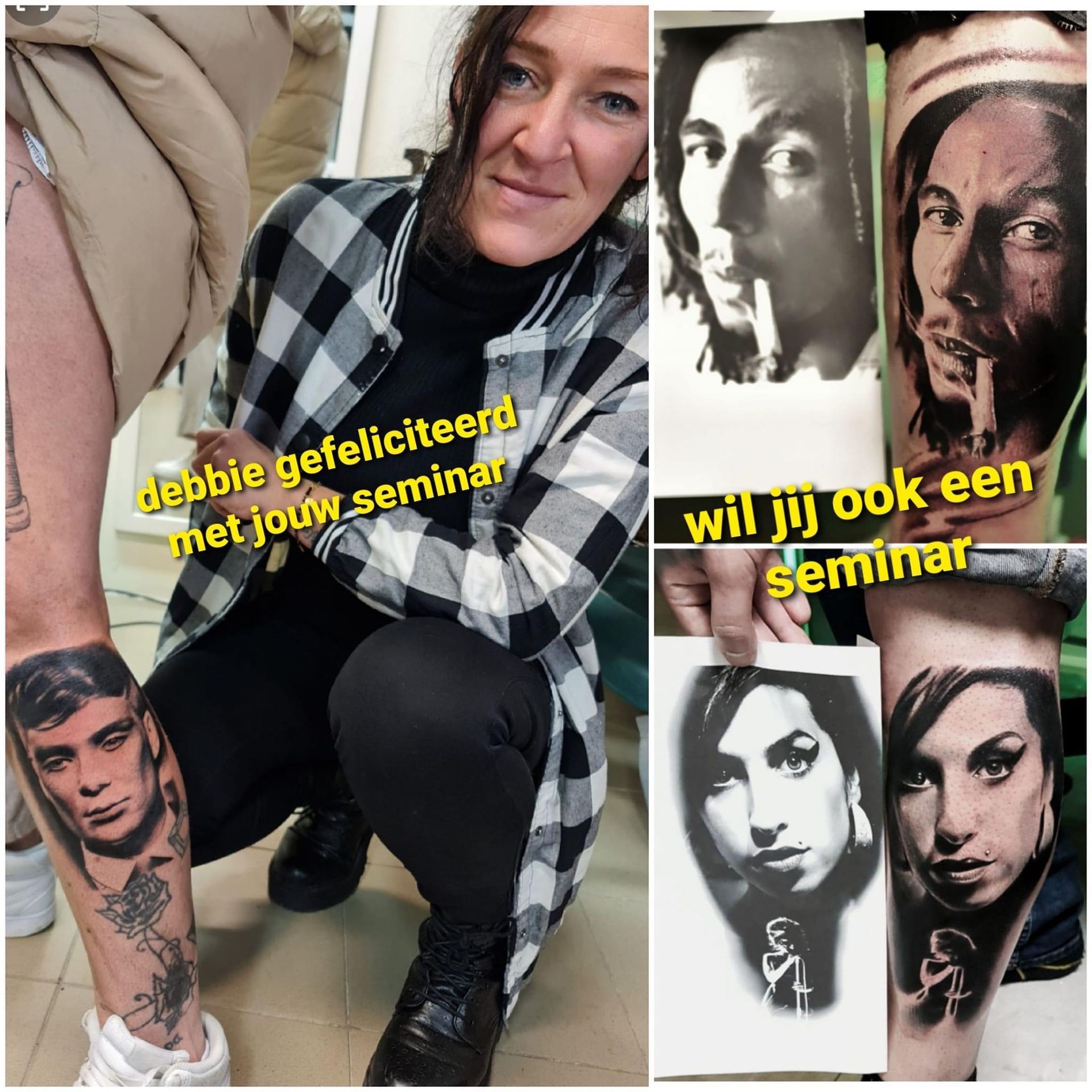 Een collage met een afbeelding van een persoon met tatoeages van beroemde figuren naast referentiefoto's, met tekst over een tattoo-seminar.
